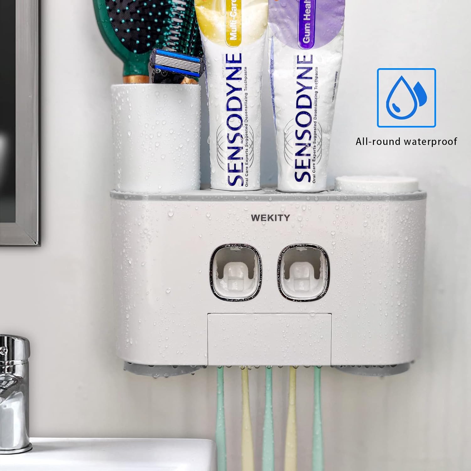 WREWING Multi-Function Toothbrush Holder with 5 Slots and 2 Dispensers