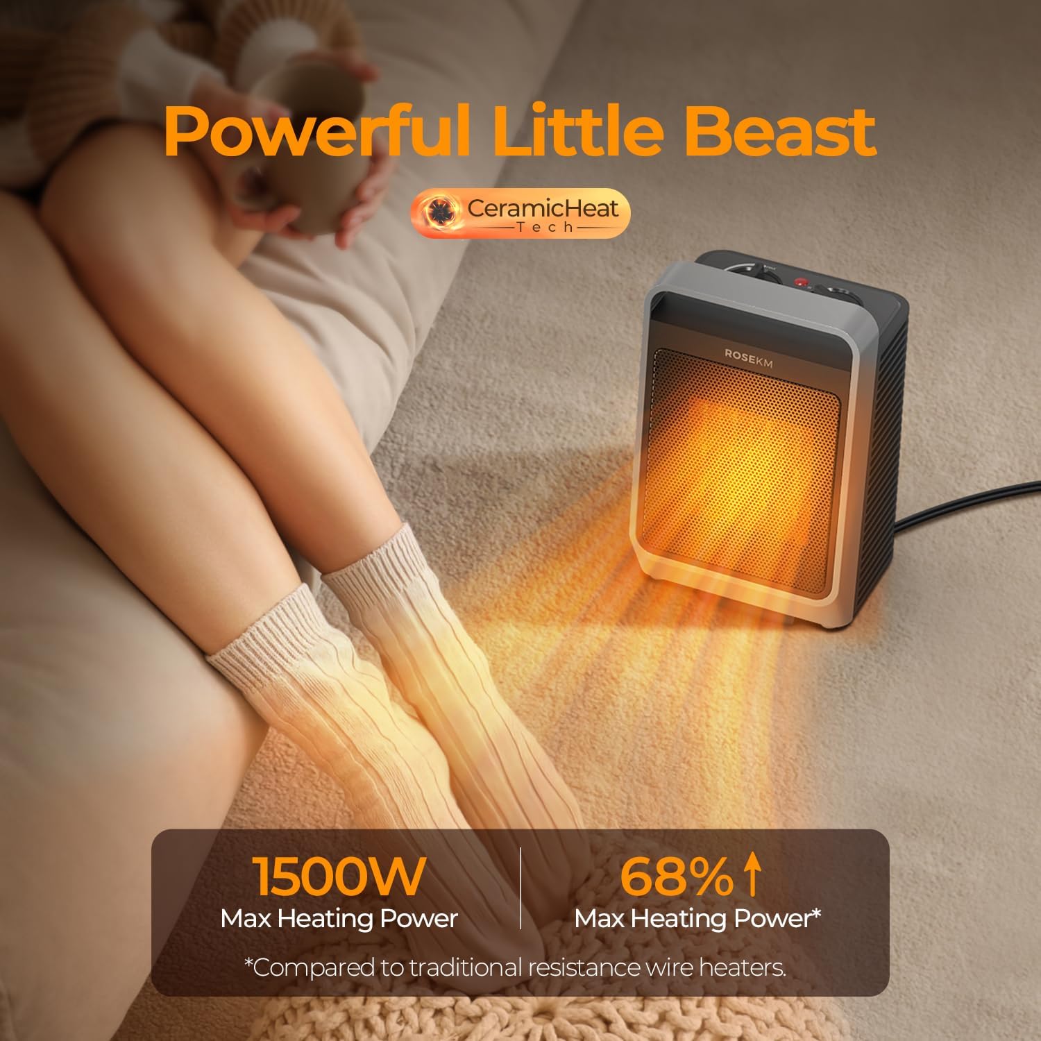 ROSEKM 1500W Ceramic Space Heater with 3 Heat Levels