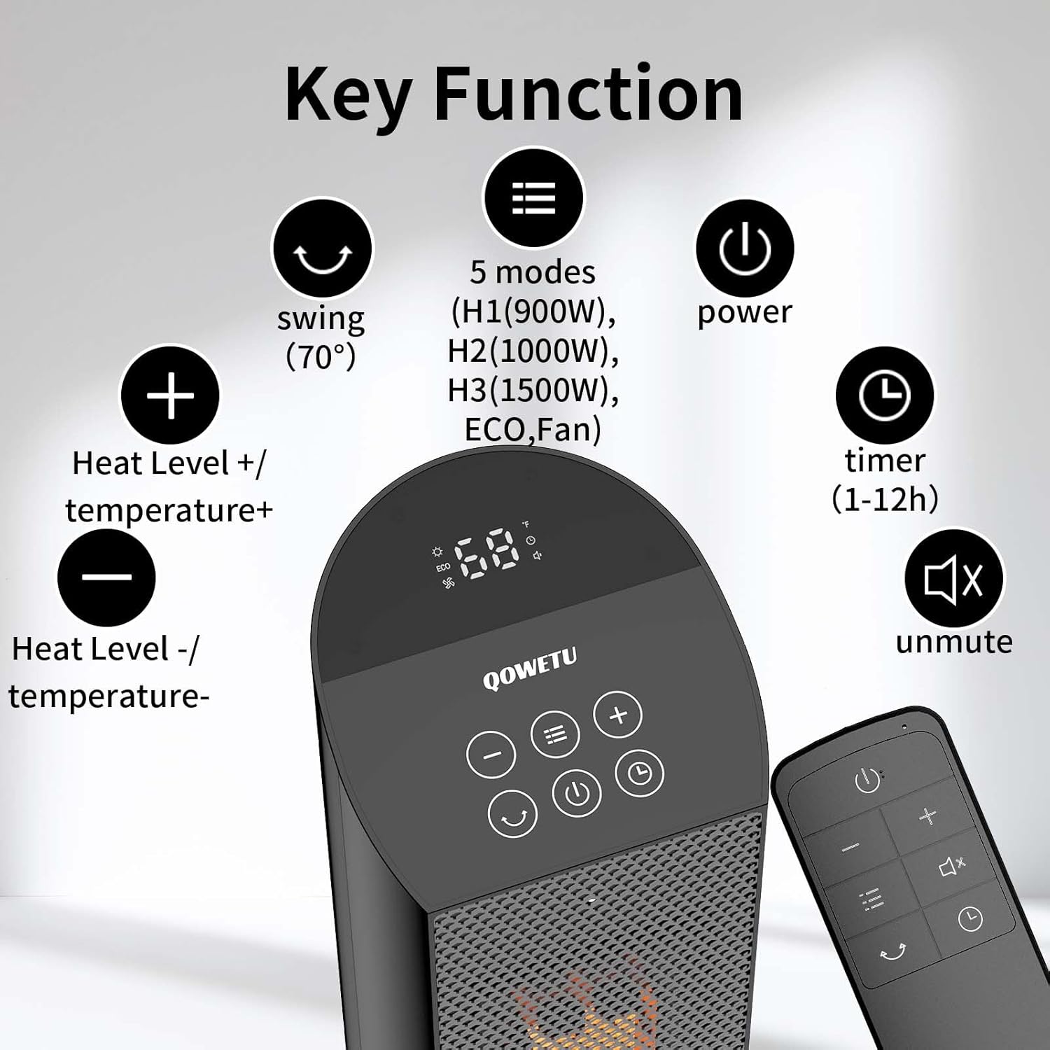 QOWETU 70 Oscillating Electric Heater with Remote Control