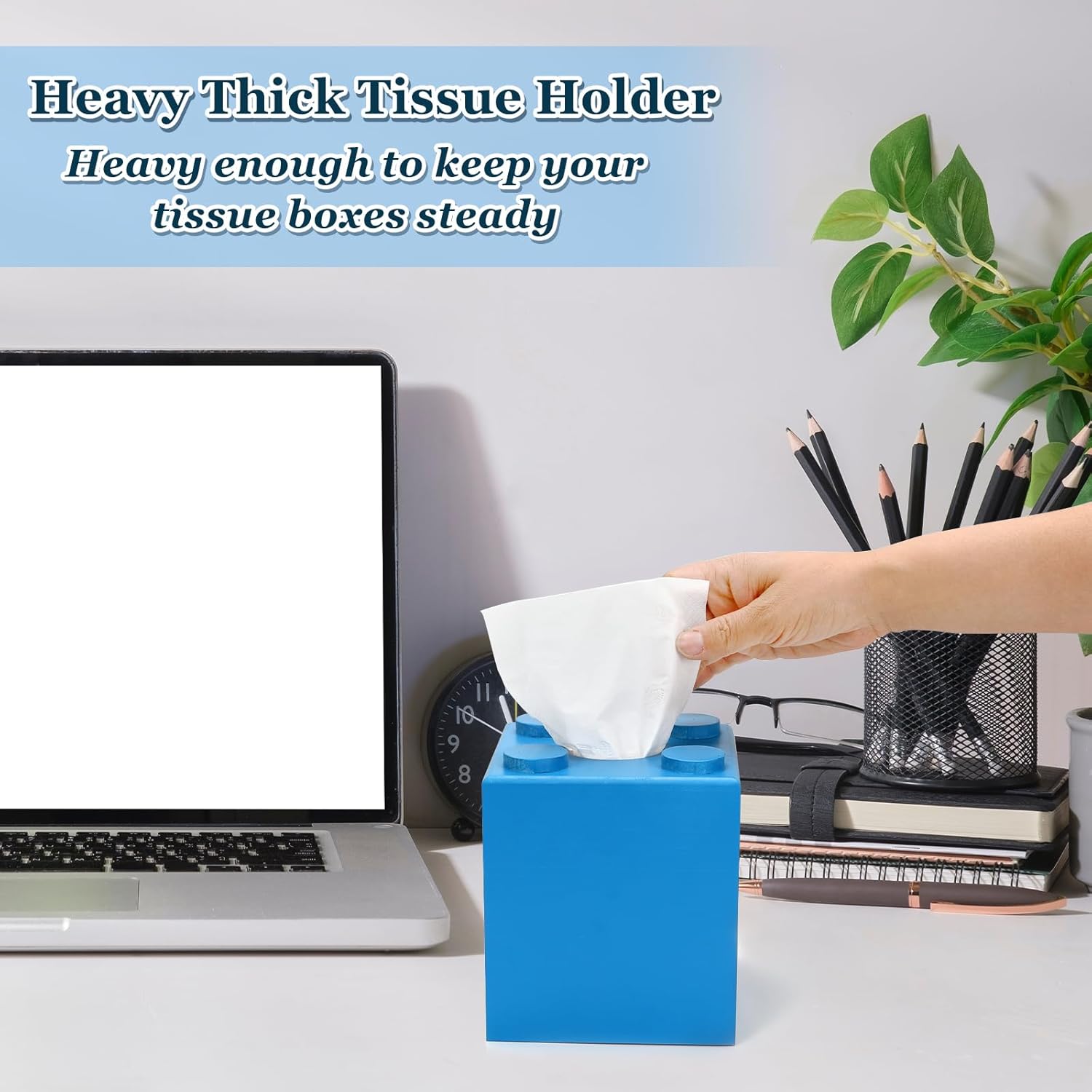 CypherX Blue Wood Tissue Box Cover with Slide-Out Bottom