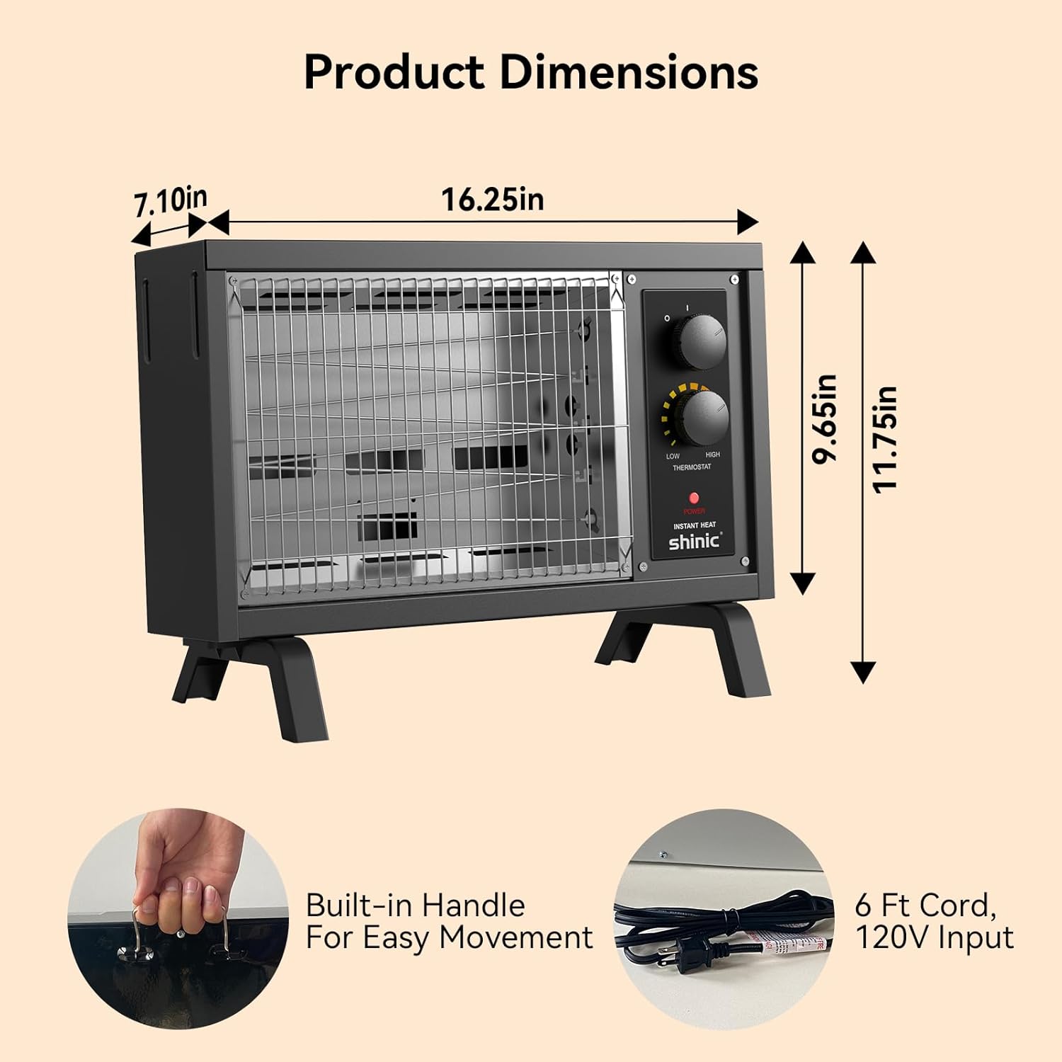 Shinic 1500W Electric Radiant Space Heater with Thermostat and Handle