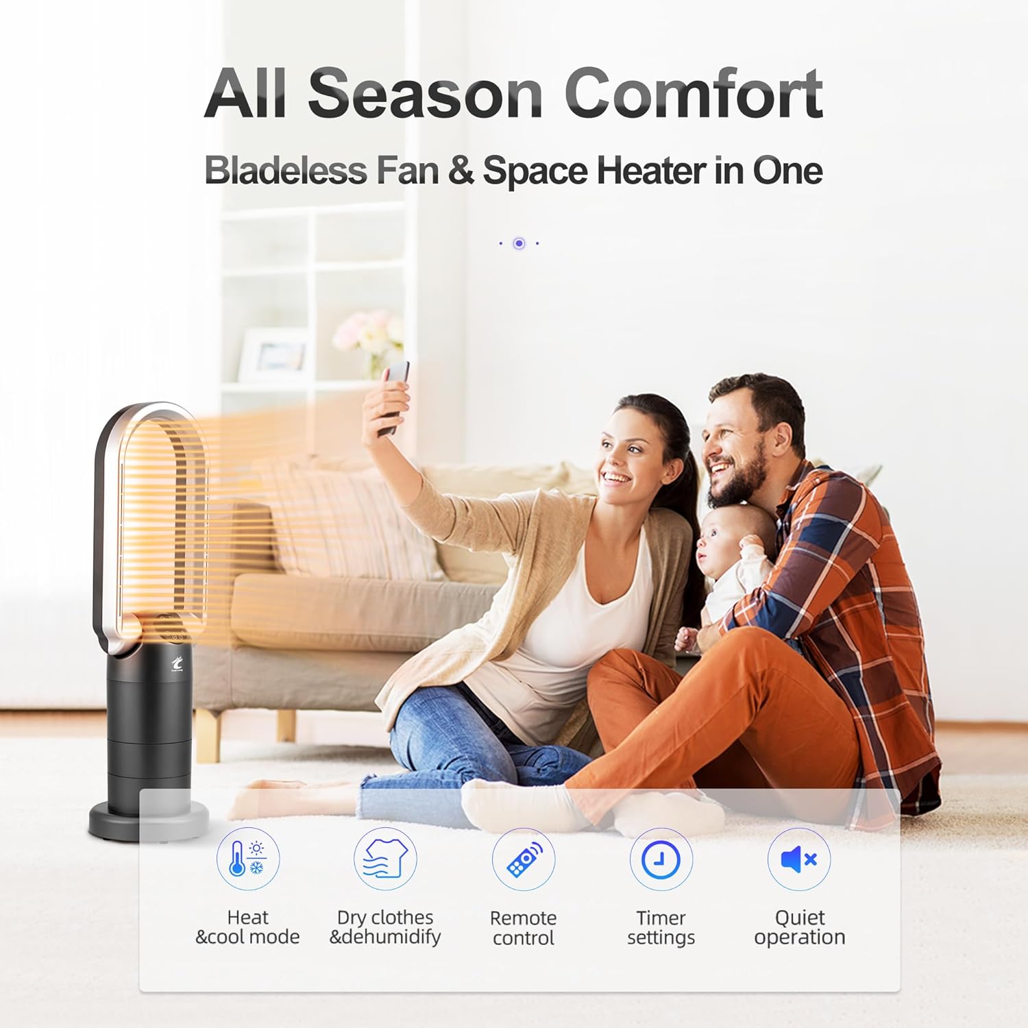 OceanLoong 1500W Bladeless Tower Fan Space Heater Combo with Remote Control