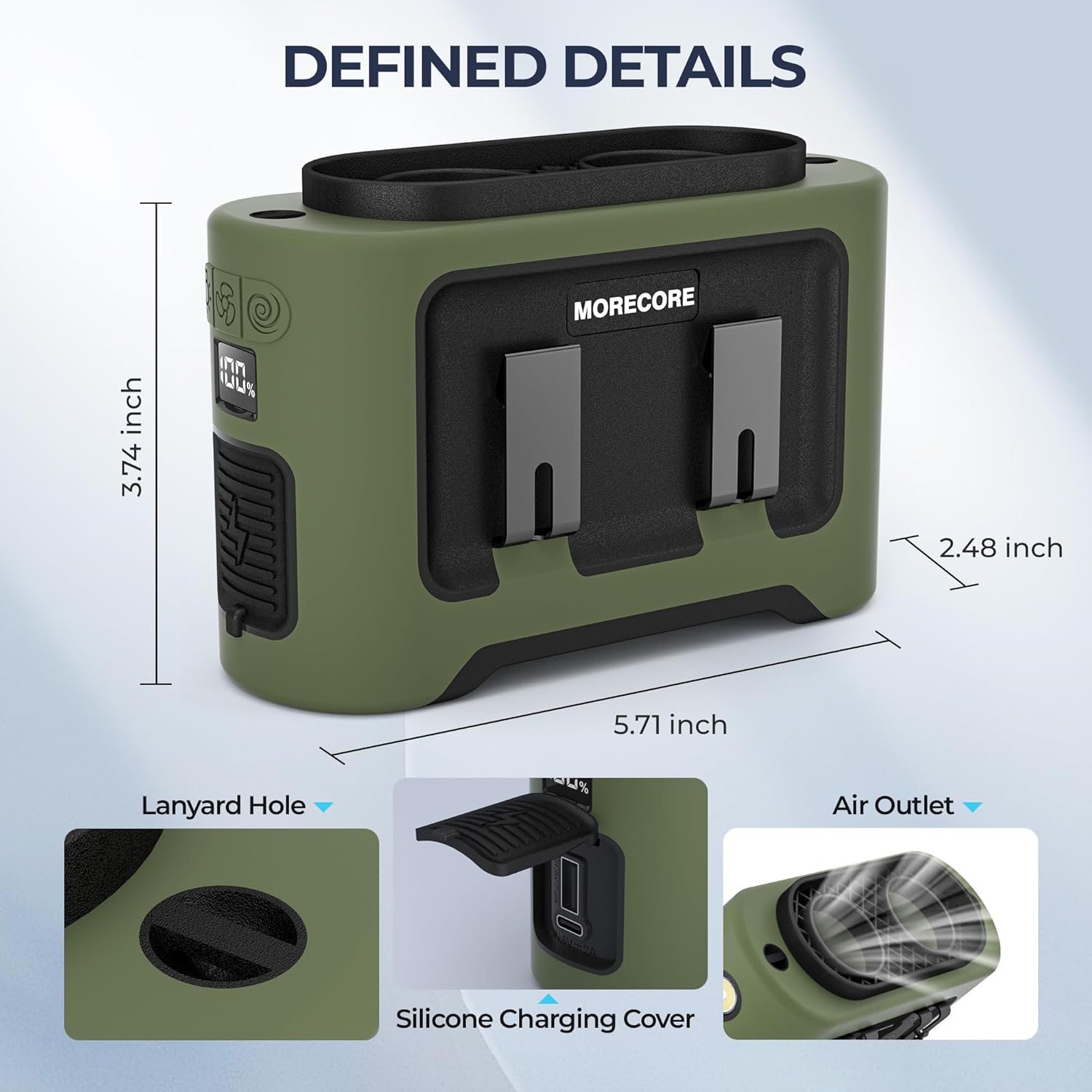 MORECORE 14500mAh Waist Fan with Flashlight and 5 Speeds - Green 1