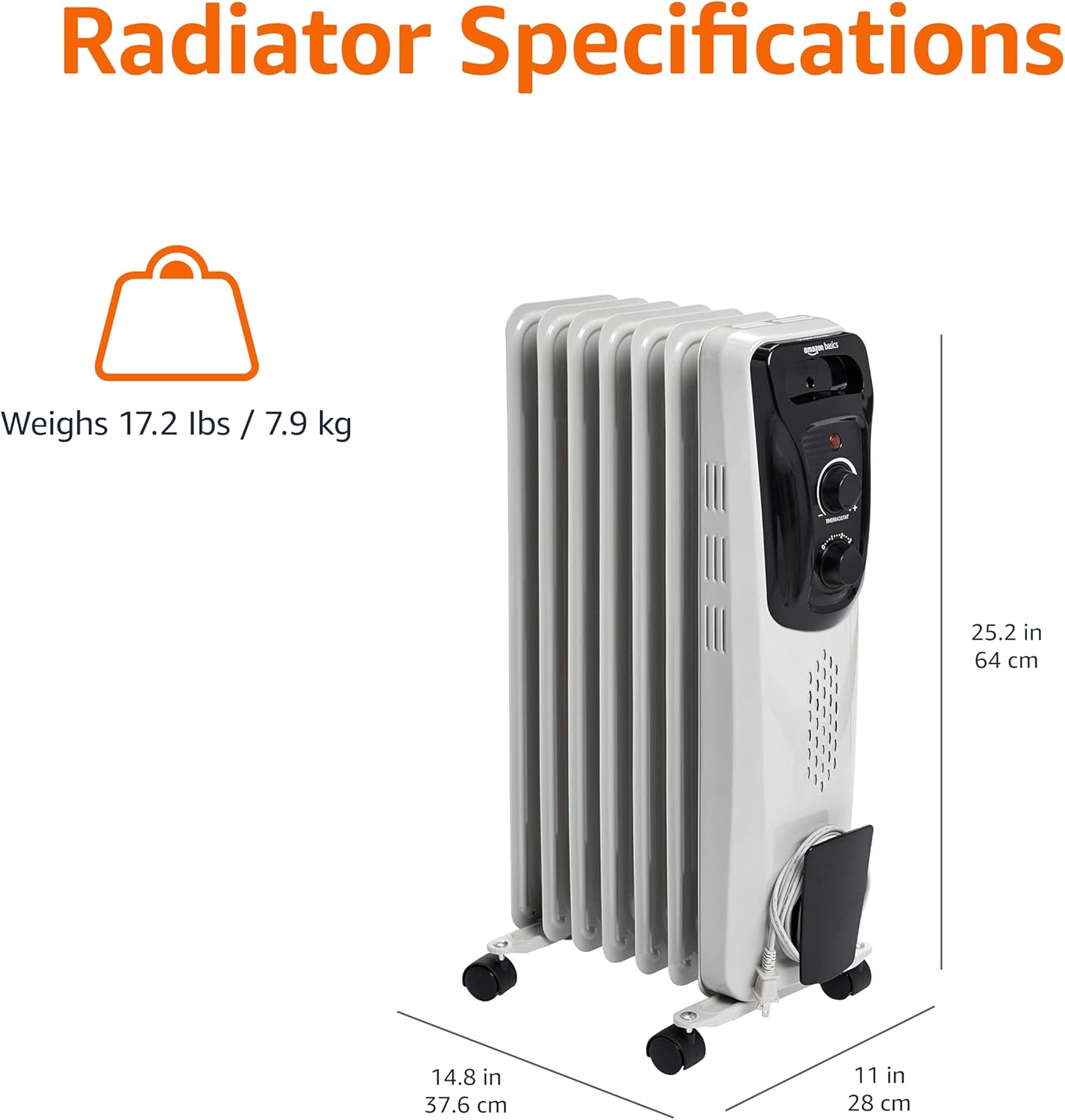 Amazon Basics 1500W Oil Radiator Heater with 3 Settings White