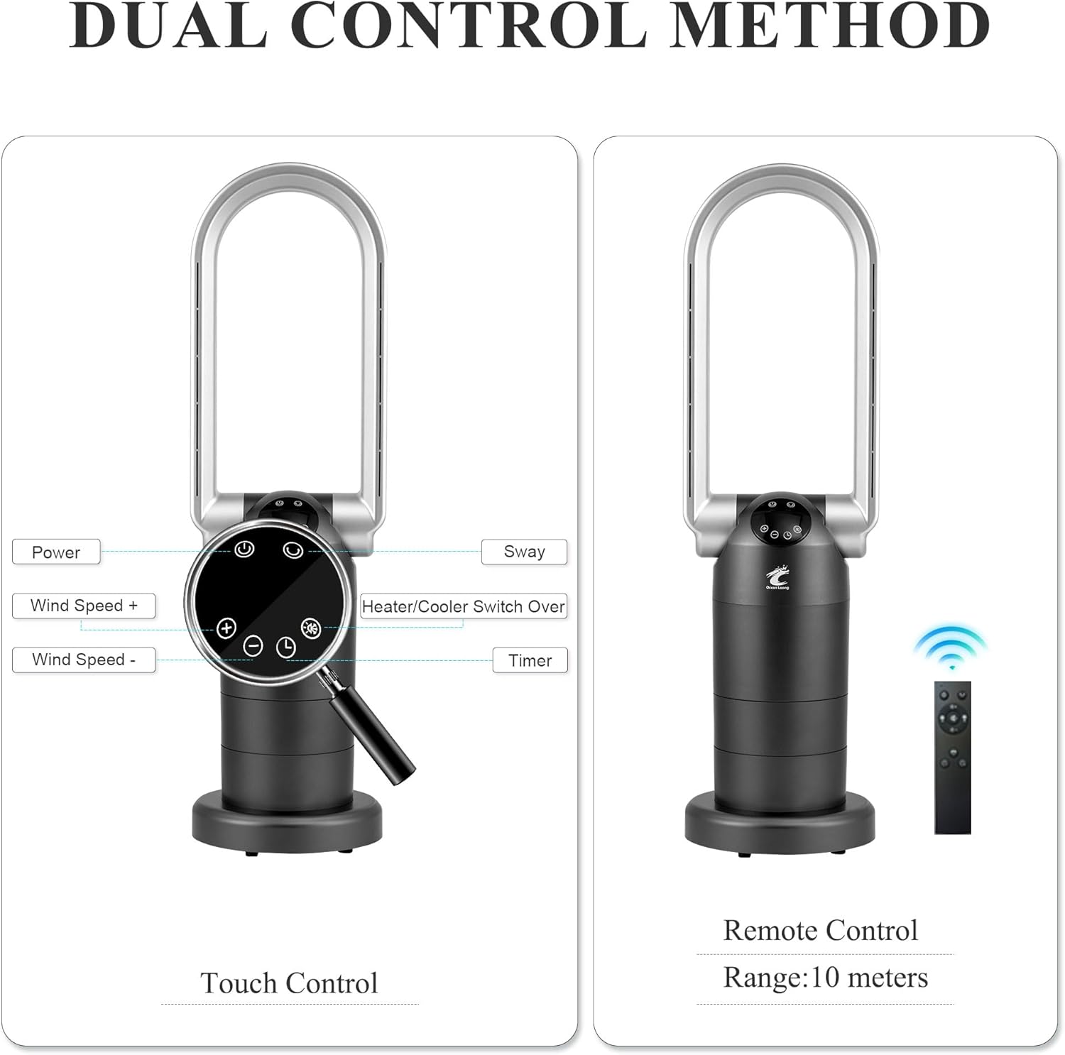 OceanLoong 1500W Bladeless Tower Fan Space Heater Combo with Remote Control