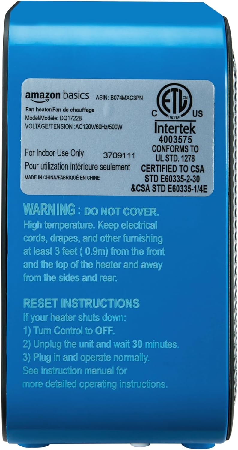 Amazon Basics 500W Ceramic Space Heater Blue Compact Lightweight Safe
