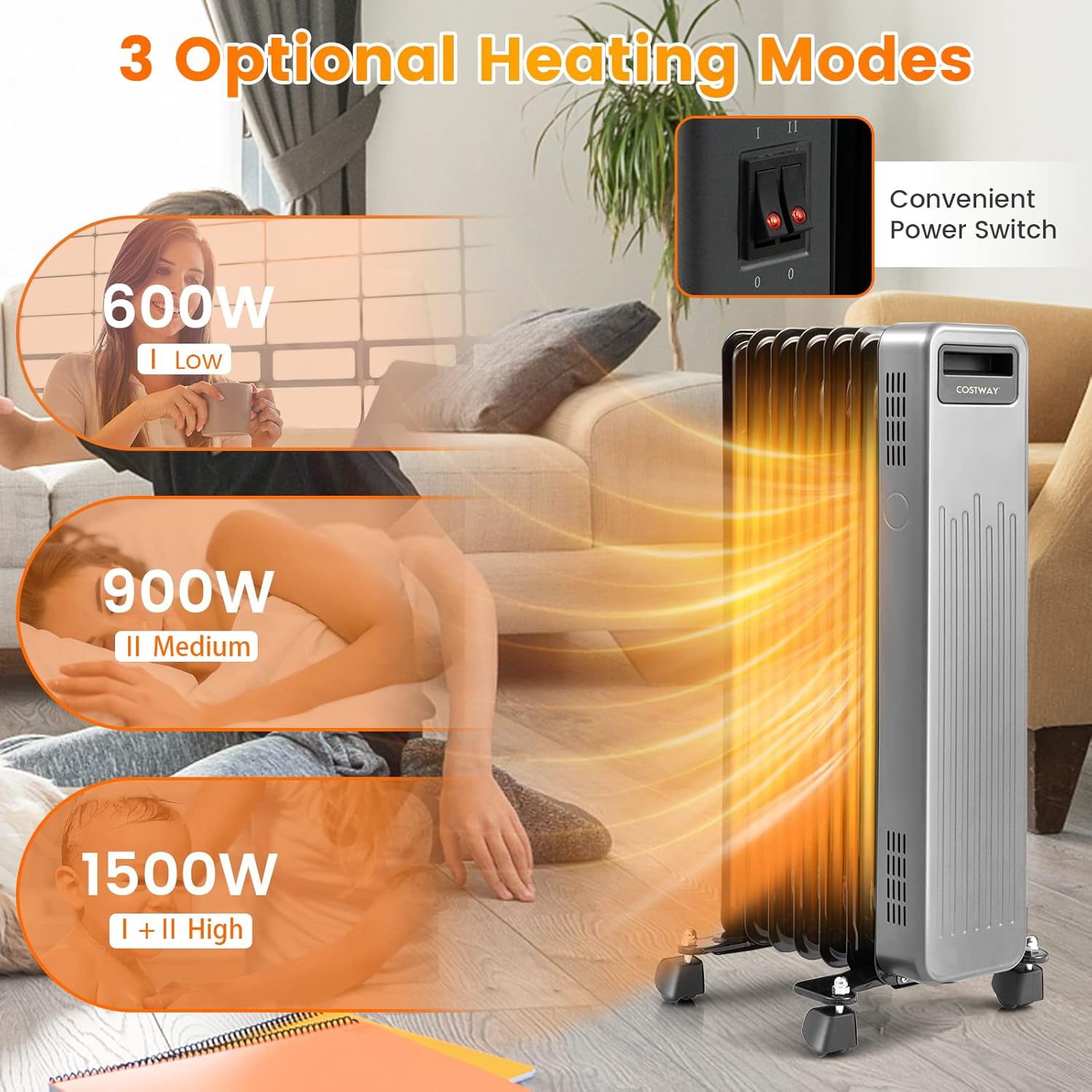 COSTWAY 1500W Oil Filled Radiator Heater with 3 Heat Levels
