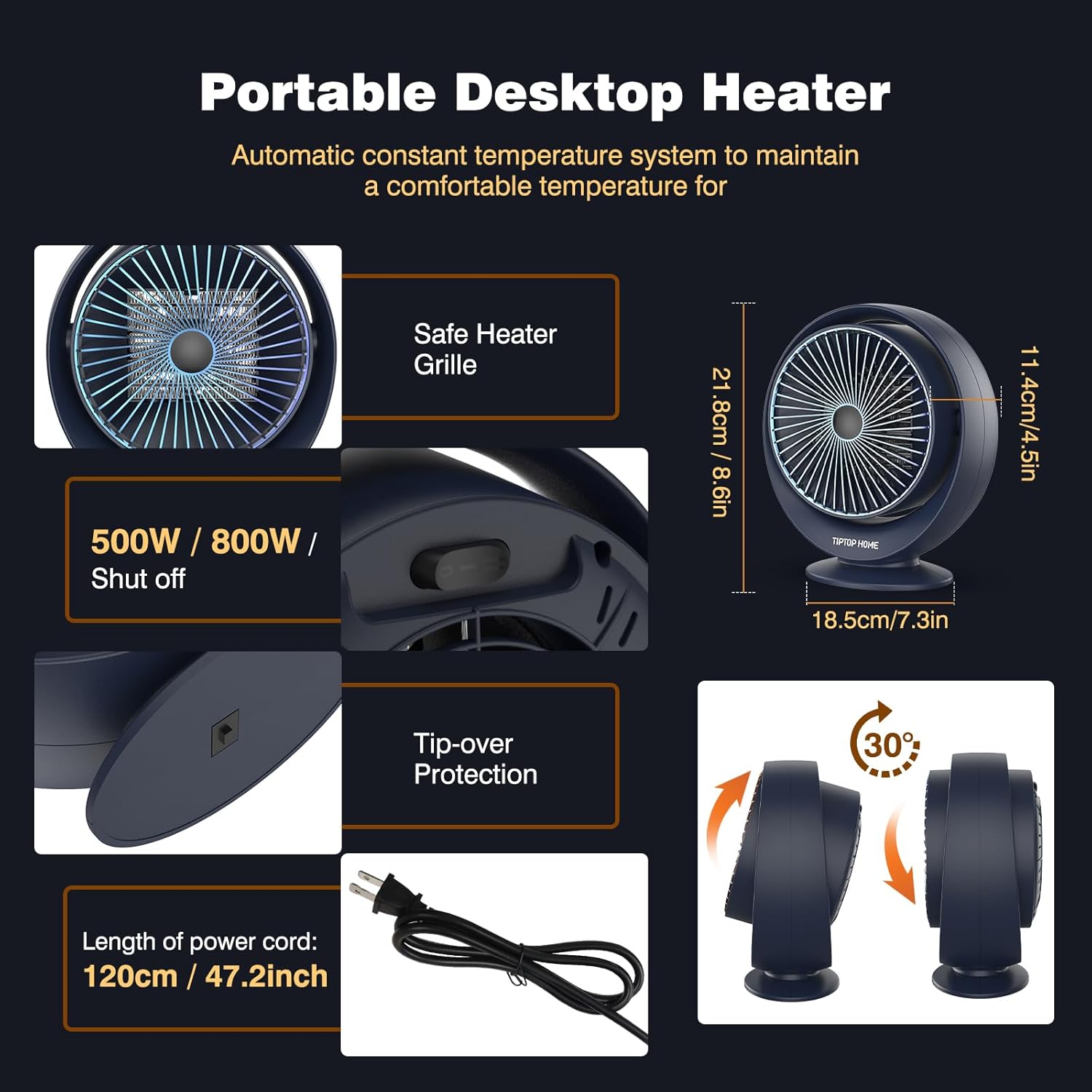 Bubbacare 1200W Electric Desk Heater with 2 Heat Settings