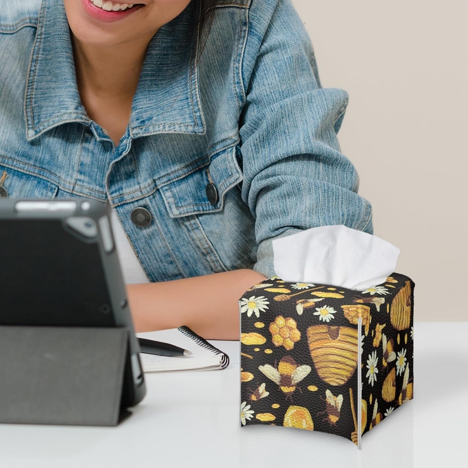 Cute Bee Tissue Box Cover Holder with Belt Bottom