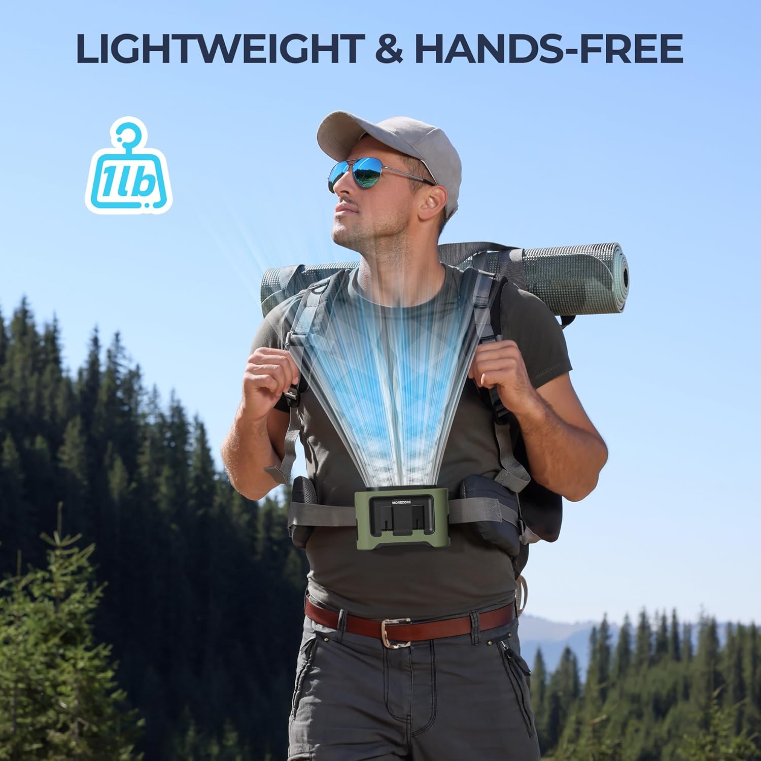 MORECORE 14500mAh Waist Fan with Flashlight and 5 Speeds - Green 1