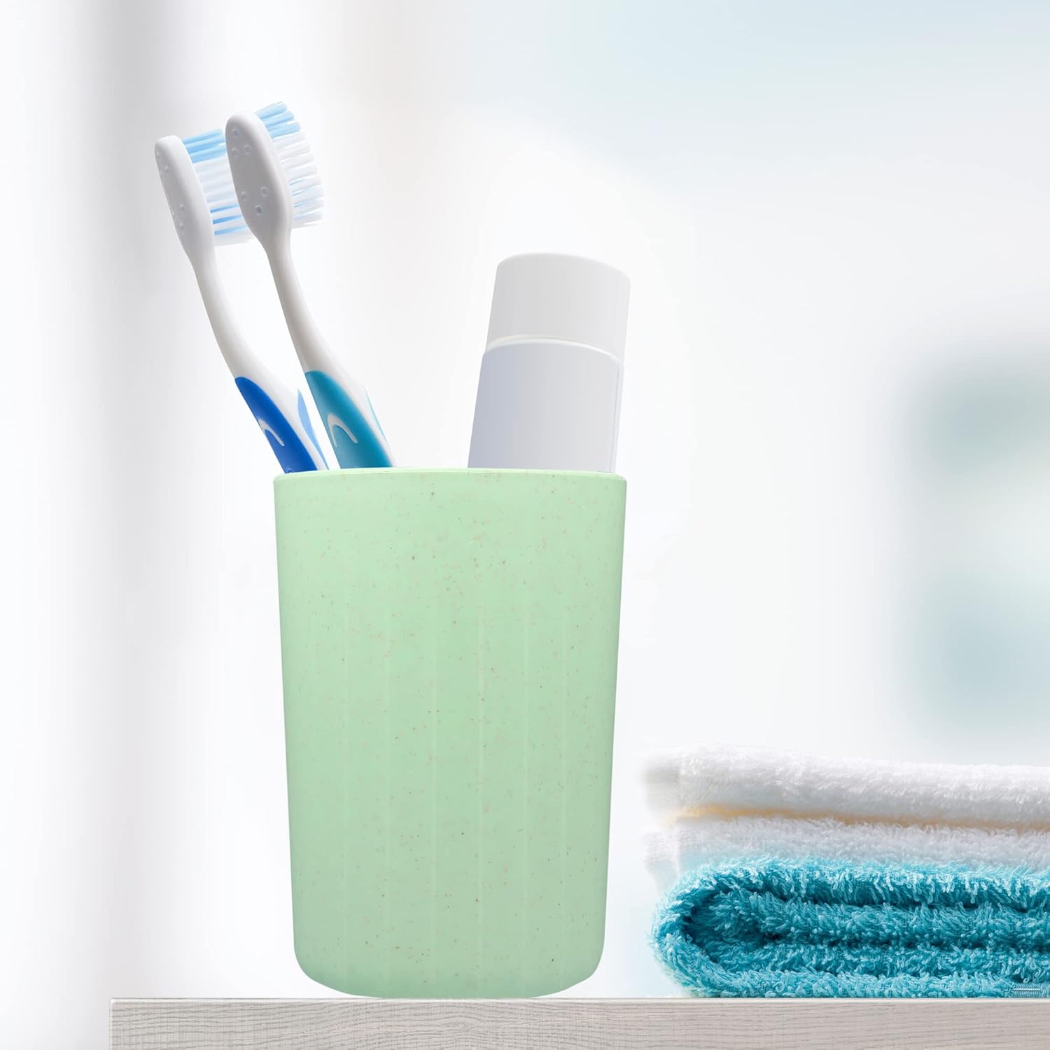 VOCOSTE Bathroom Tumbler with Smooth Lines Wheat Straw Cup Toothpaste Holder