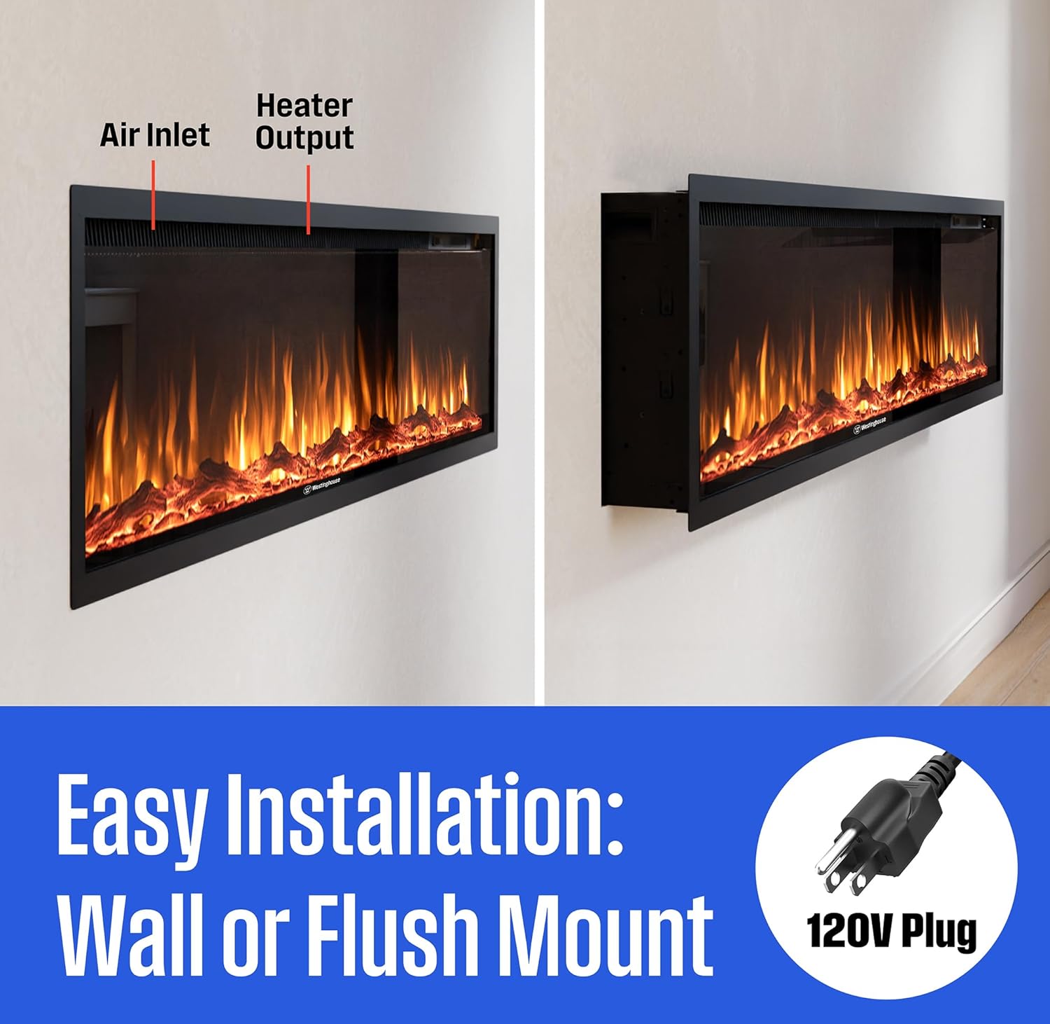 Westinghouse 50 Inch Electric Fireplace Heater with Alexa Google Home Compatibility