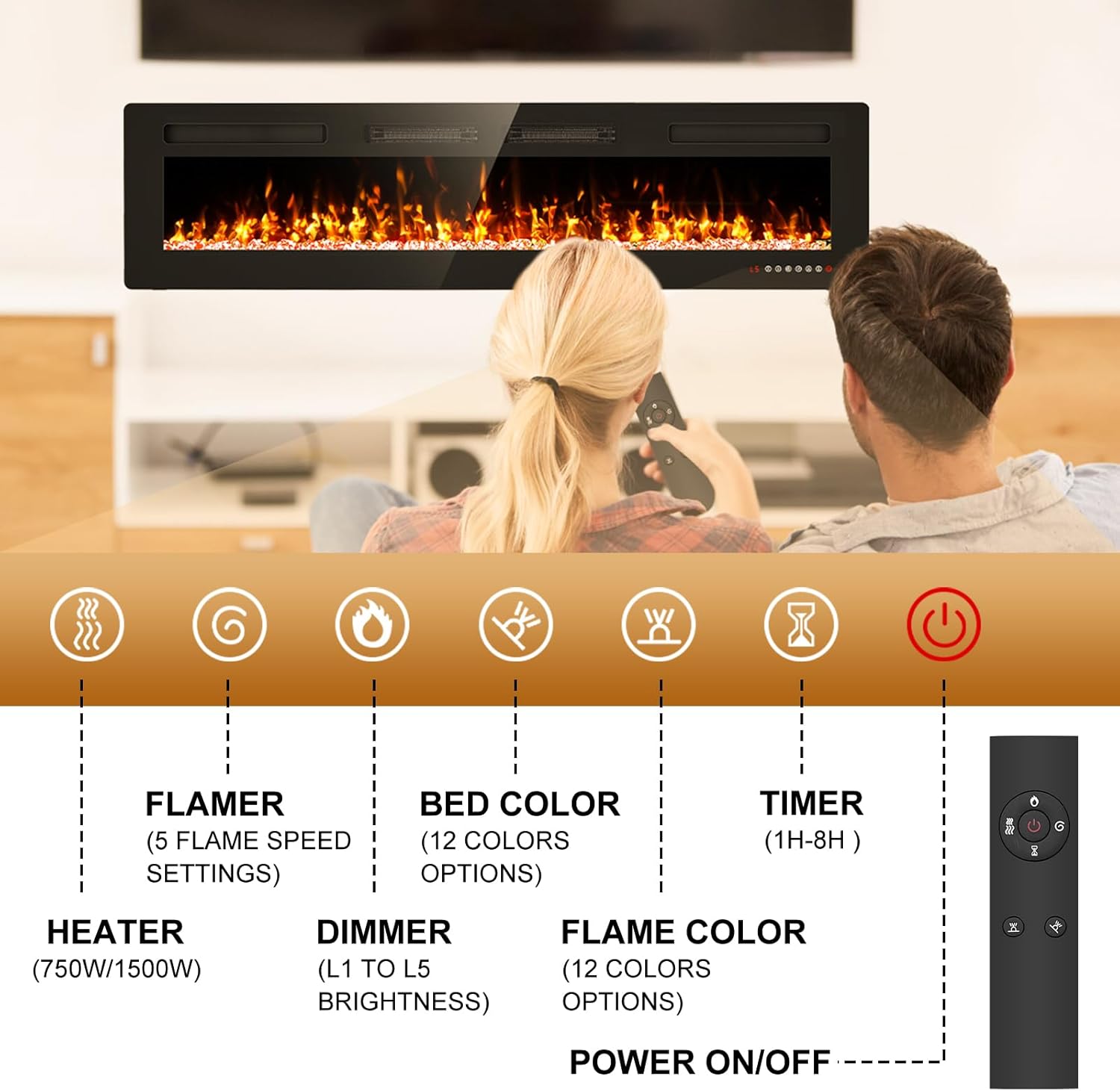 72 Inch Ultra Thin Electric Fireplace with Remote and Touch Screen