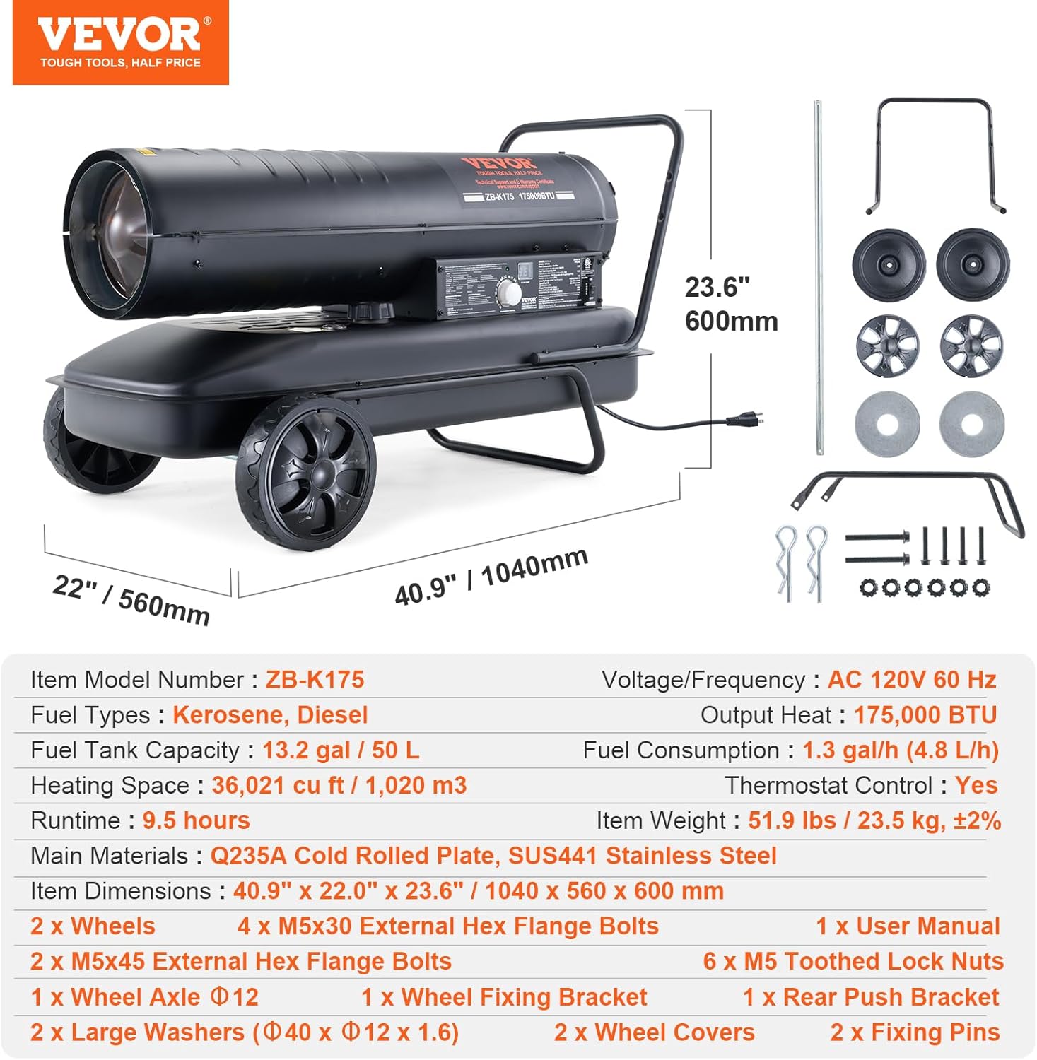 VEVOR Kerosene Heater 175000 BTU with 132 Gallon Tank