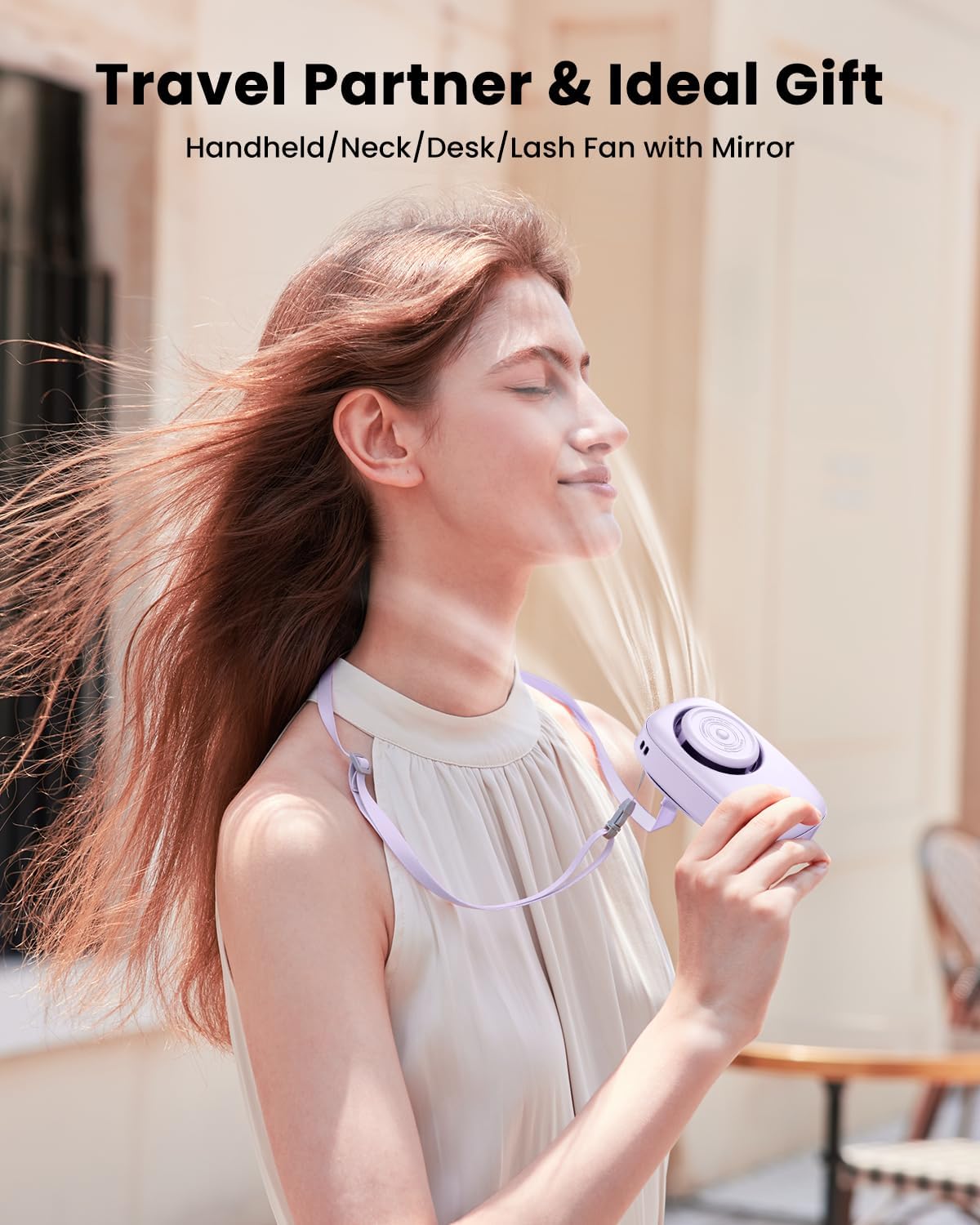 Gaiatop Mini Neck Fan with 360 Rotate Makeup Mirror