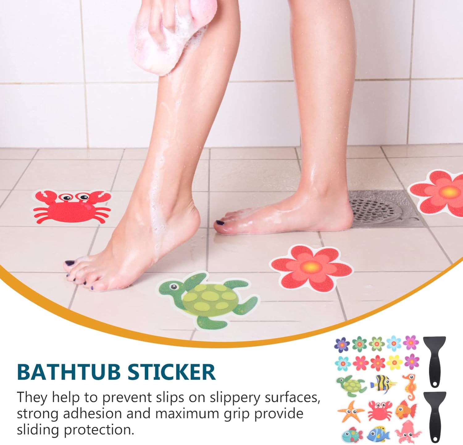 Alipis Non-Slip Bath Stickers Set with Flowers and Turtle Design