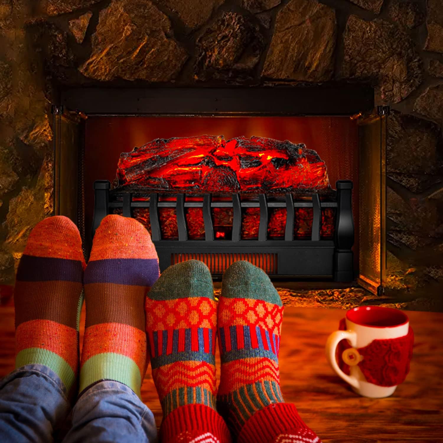 Riseon Electric Fireplace Logs with Remote Control 5 Flame Levels