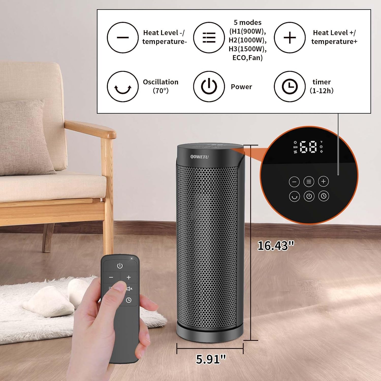 QOWETU 1500W Quiet PTC Ceramic Space Heater with Remote