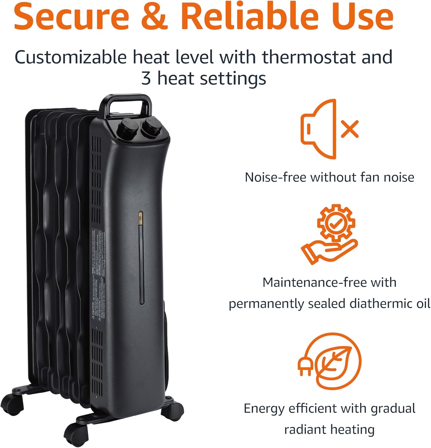 Amazon Basics 1500W Oil Space Heater 3 Settings ETL Certified Black