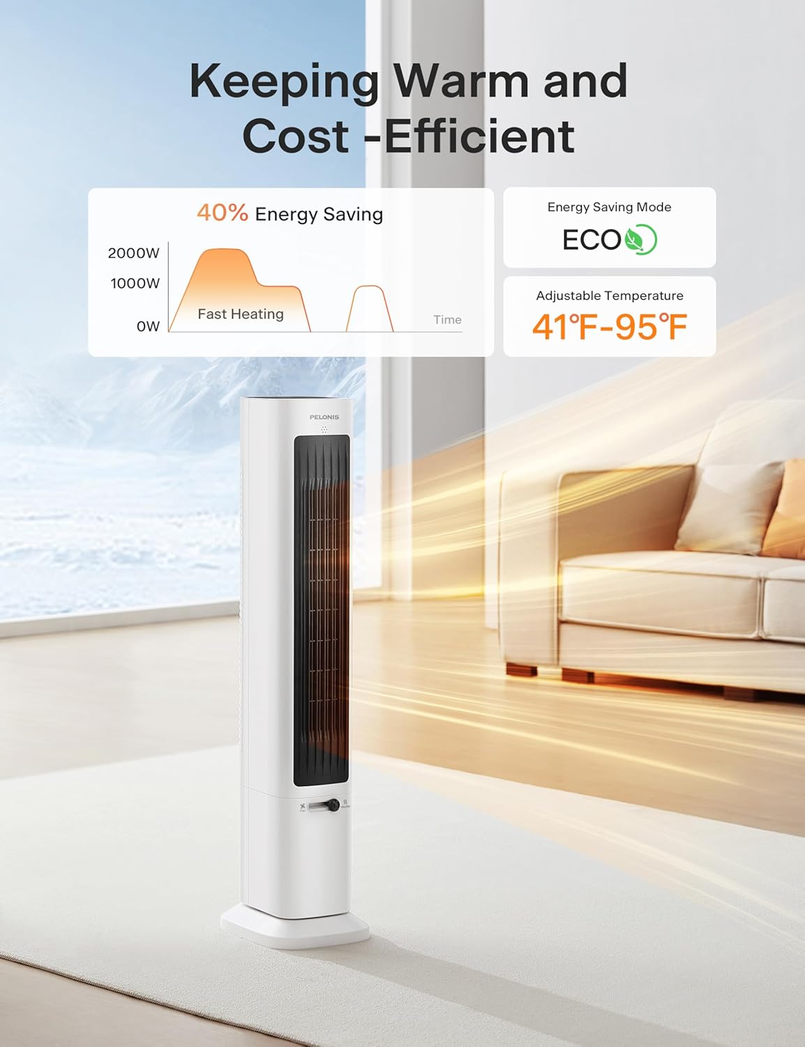 PELONIS Oscillating Tower Fan Heater Combo with Remote
