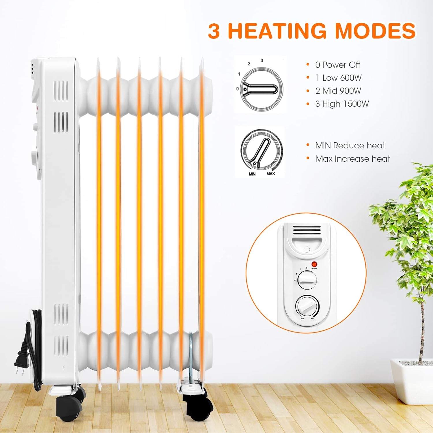 S AFSTAR 1500W Oil Heater with 3 Settings and Safety Features