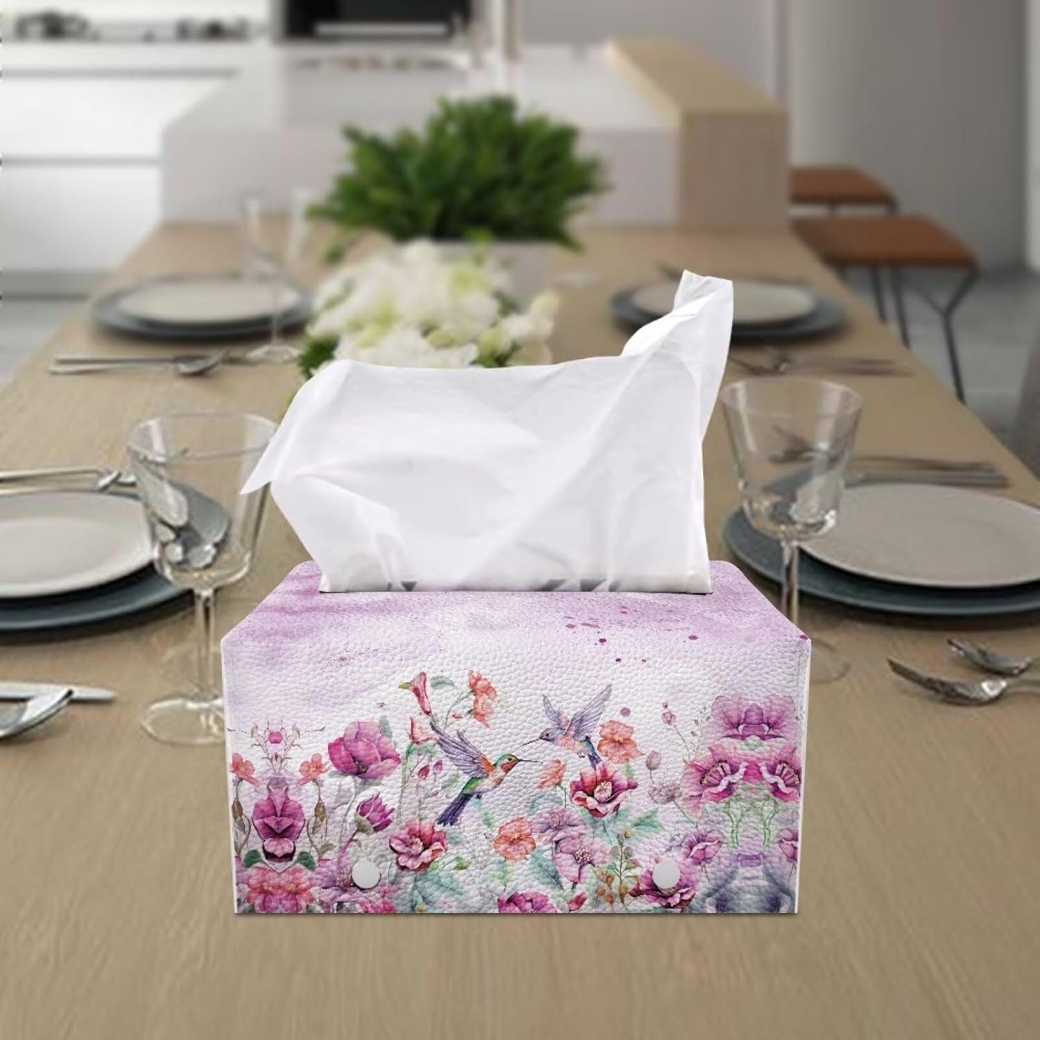 Flower Hummingbird Tissue Box Cover with PU Leather 1