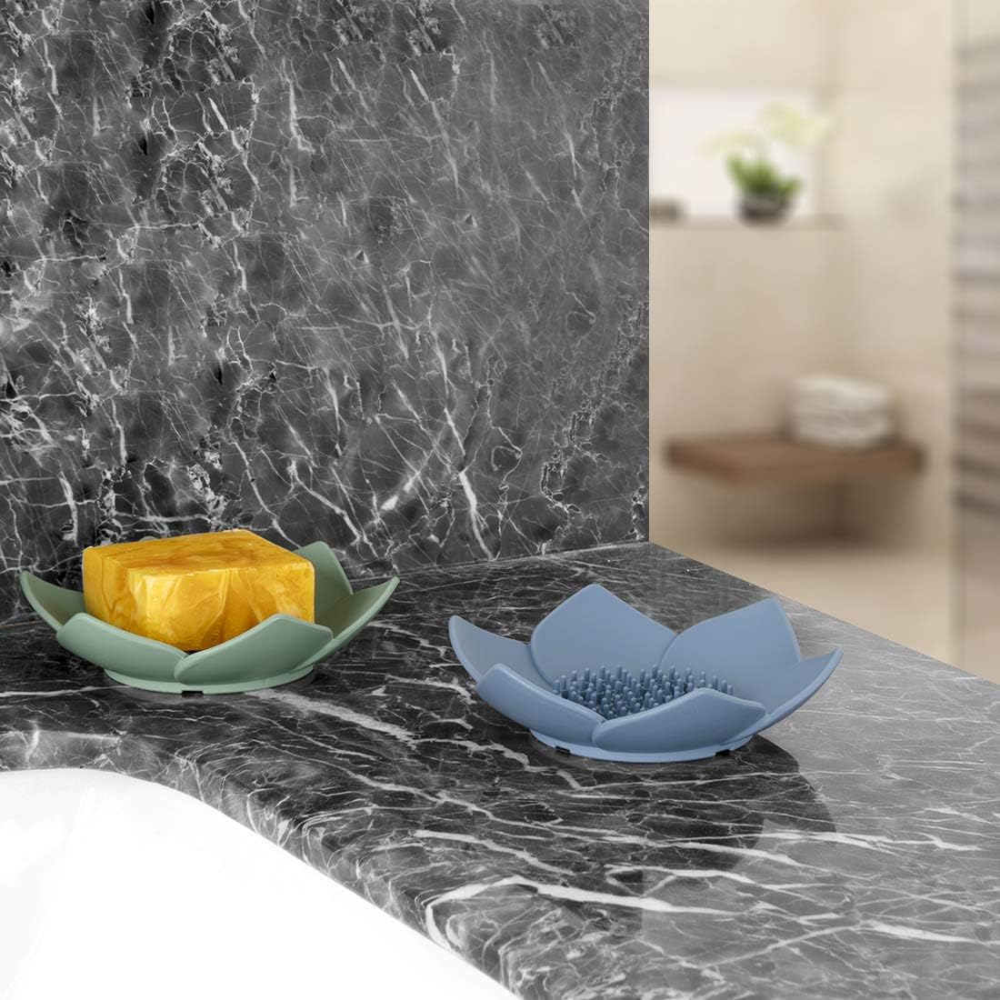 HR 3 Pack Silicone Soap Holder with Drain Lotus Shape - Blue Green Grey