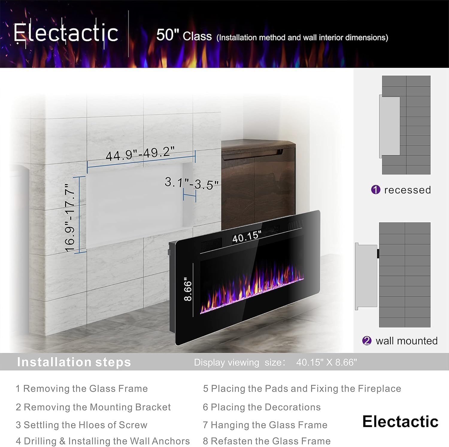 50 Inch Electric Fireplace with Timer and Remote Control
