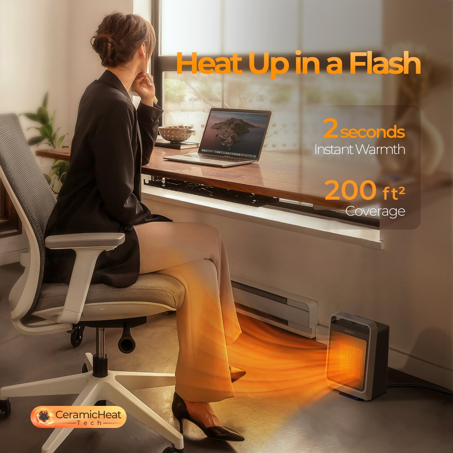 ROSEKM 1500W Ceramic Space Heater with 3 Heat Levels