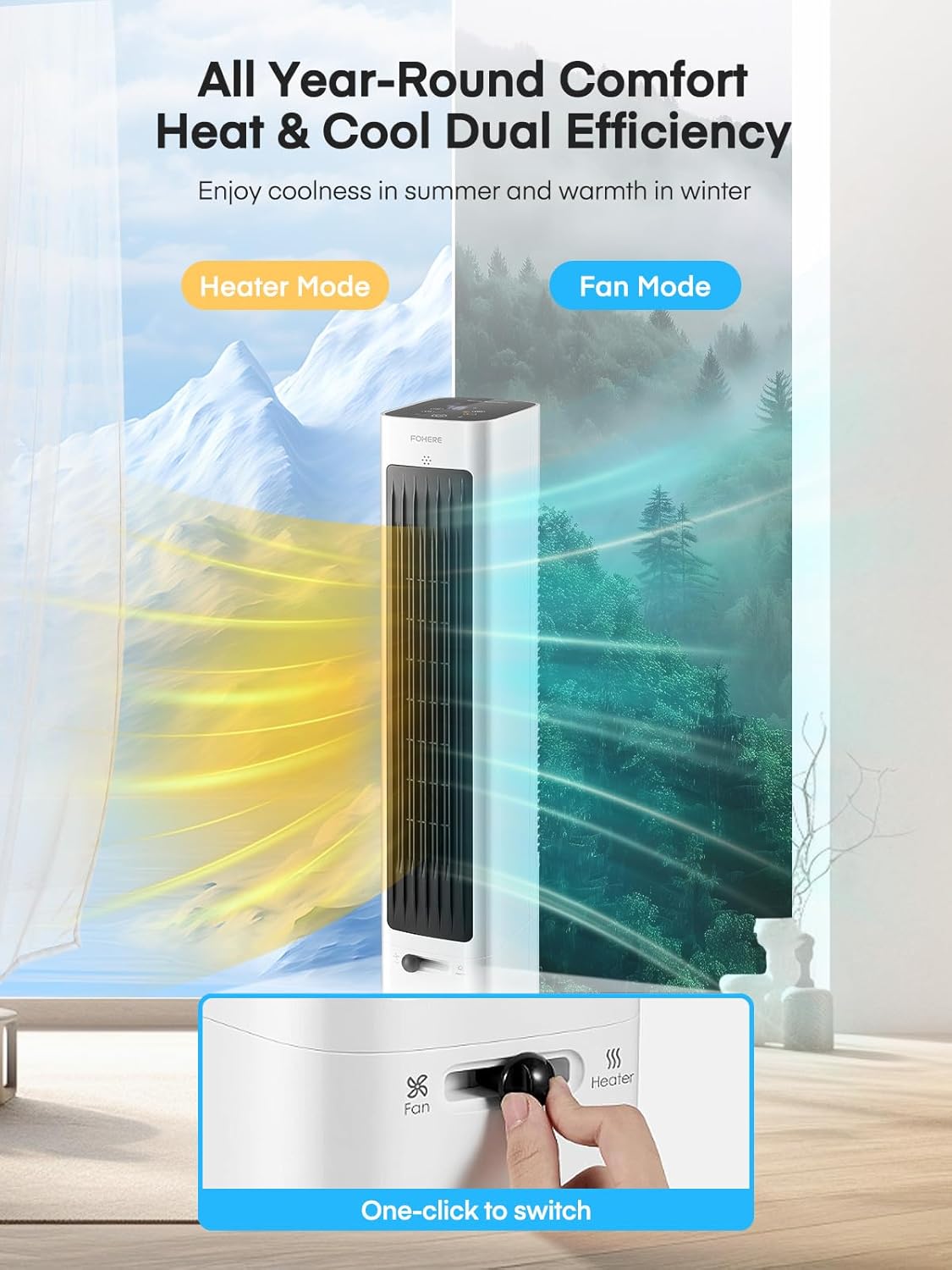 FOHERE Oscillating Fan and Heater Combo 379 Inch White