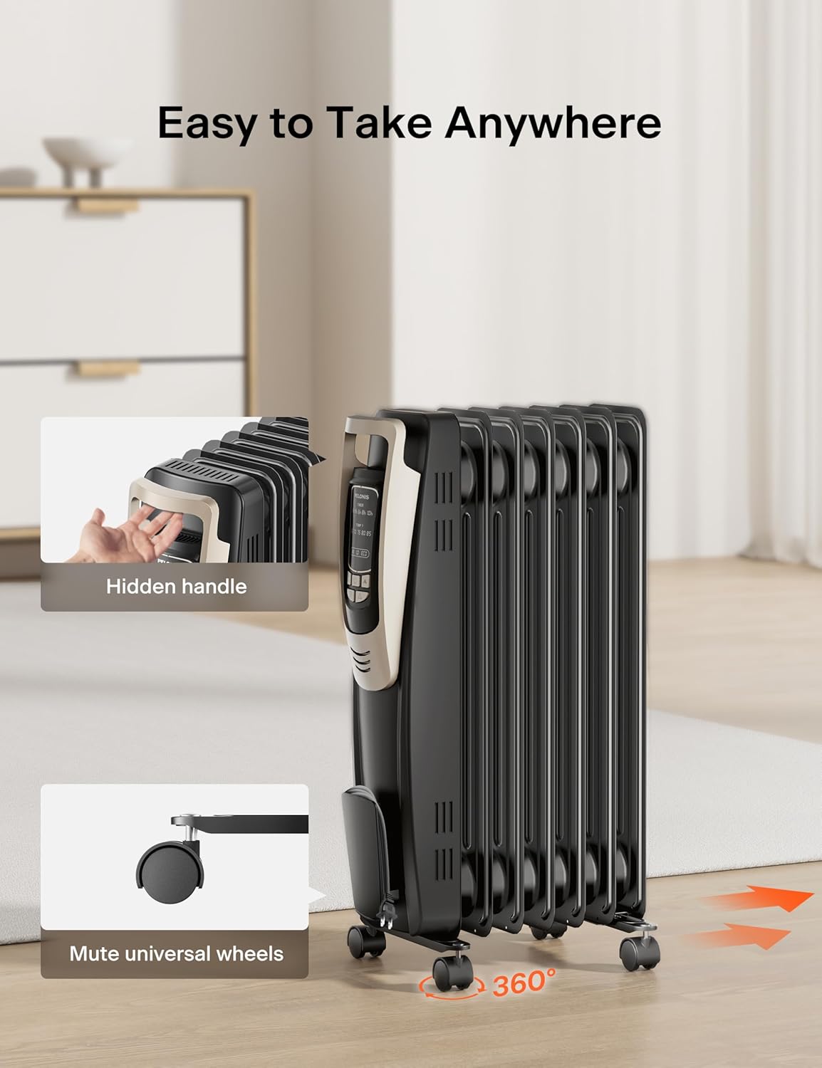 PELONIS Champagne Oil Filled Radiator Heater with Remote Control and Thermostat
