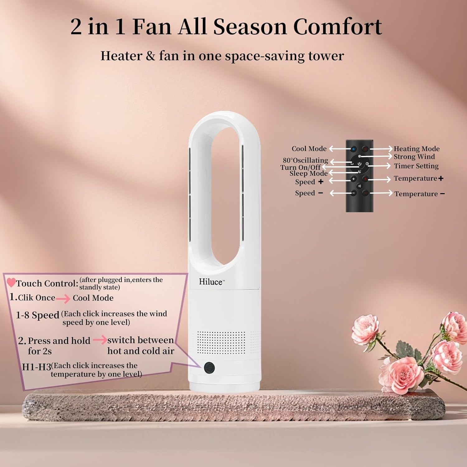 Hiluce All Season Fan Heater Combo with Remote and 80 Oscillating