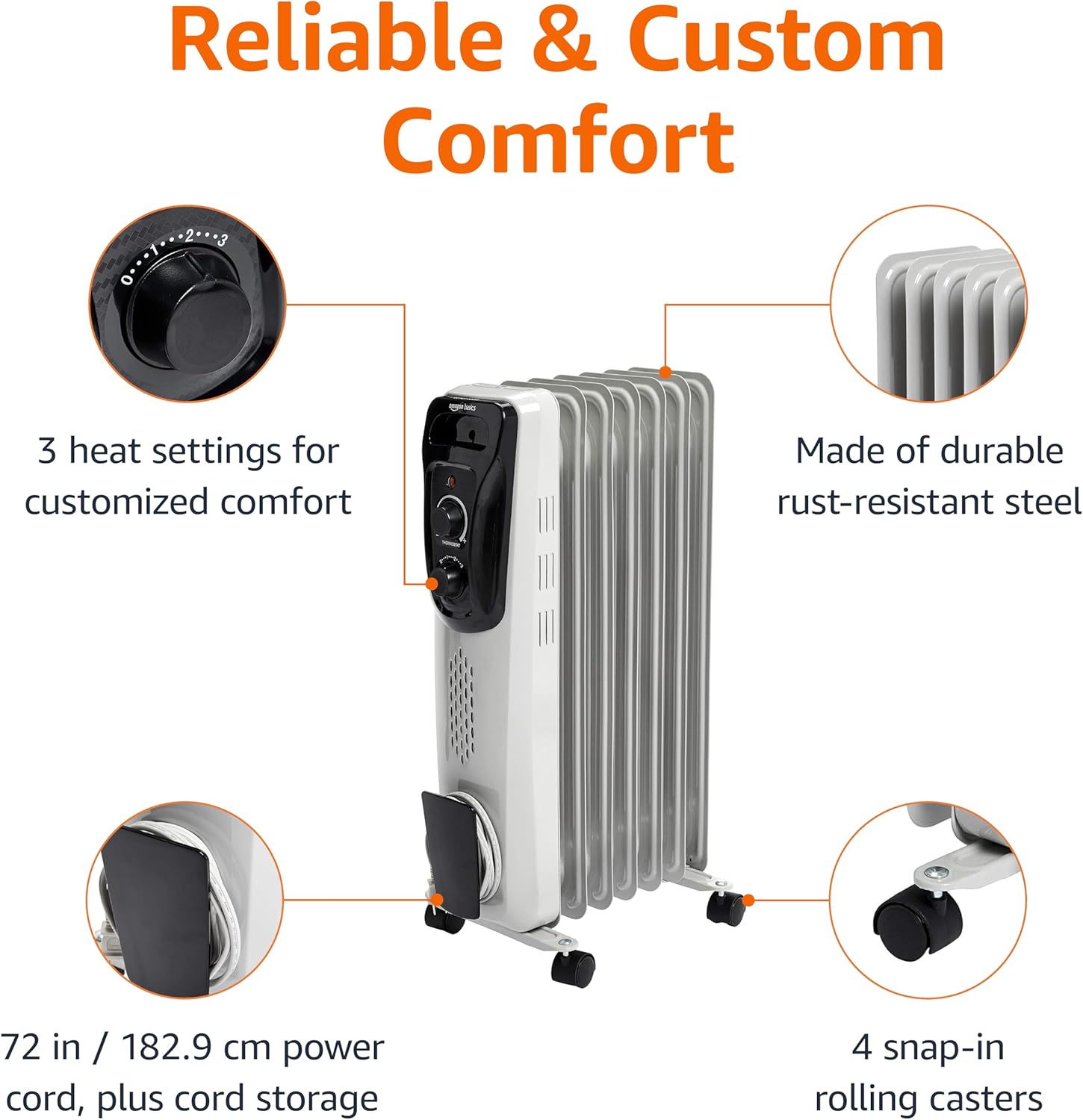 Amazon Basics 1500W Oil Radiator Heater with 3 Settings White