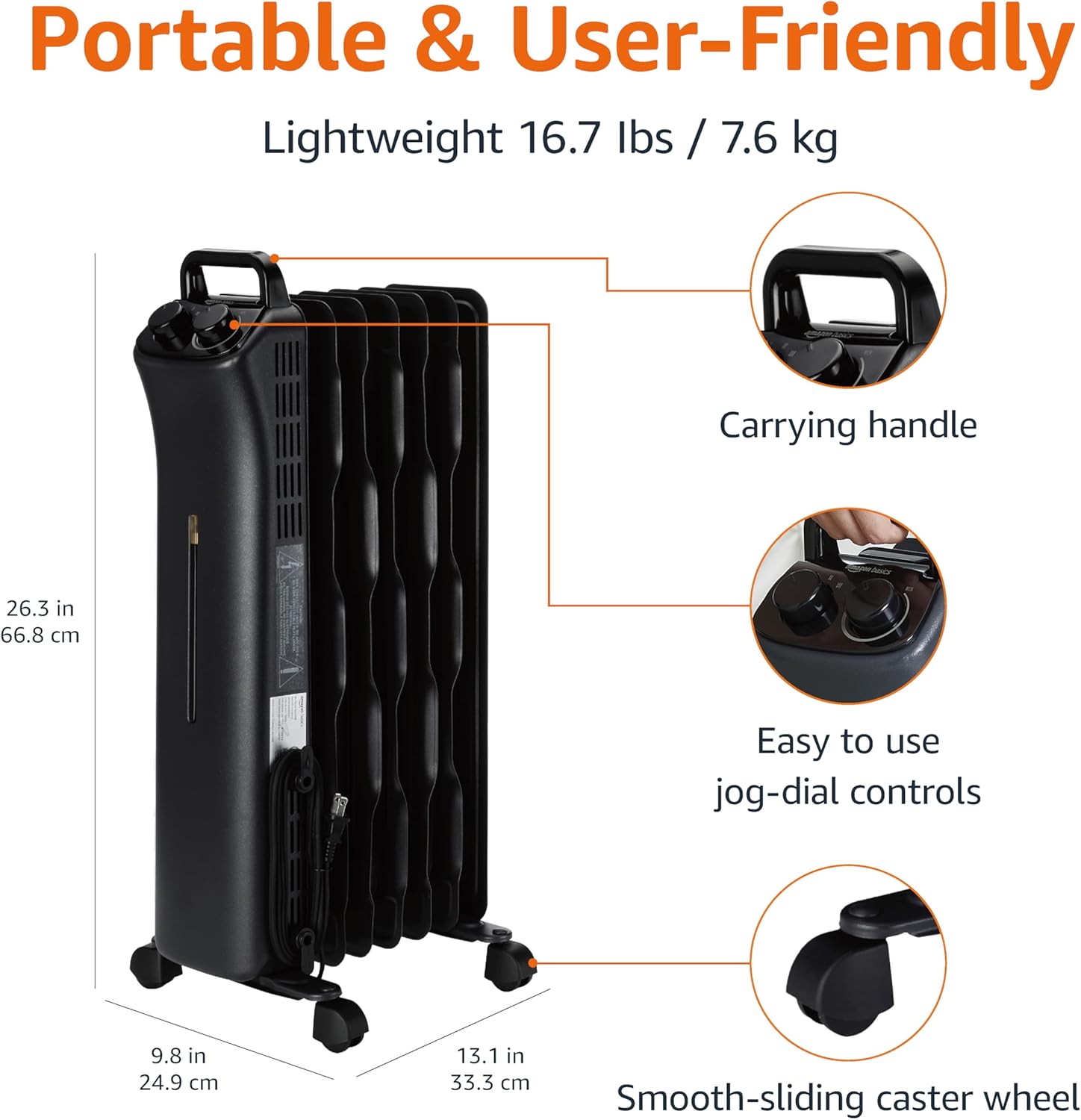 Amazon Basics 1500W Oil Space Heater 3 Settings ETL Certified Black