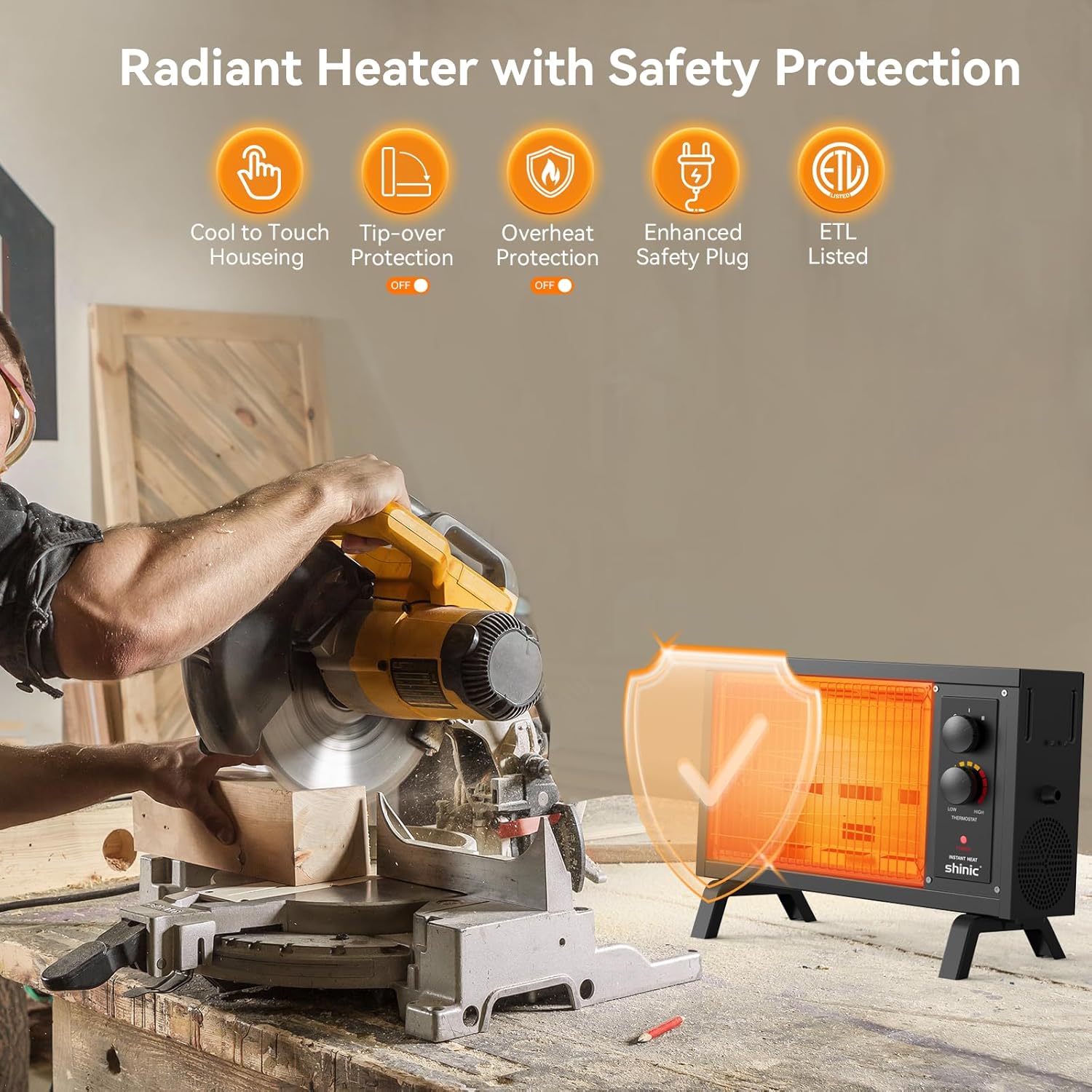 Shinic 1500W Electric Radiant Space Heater with Thermostat and Handle