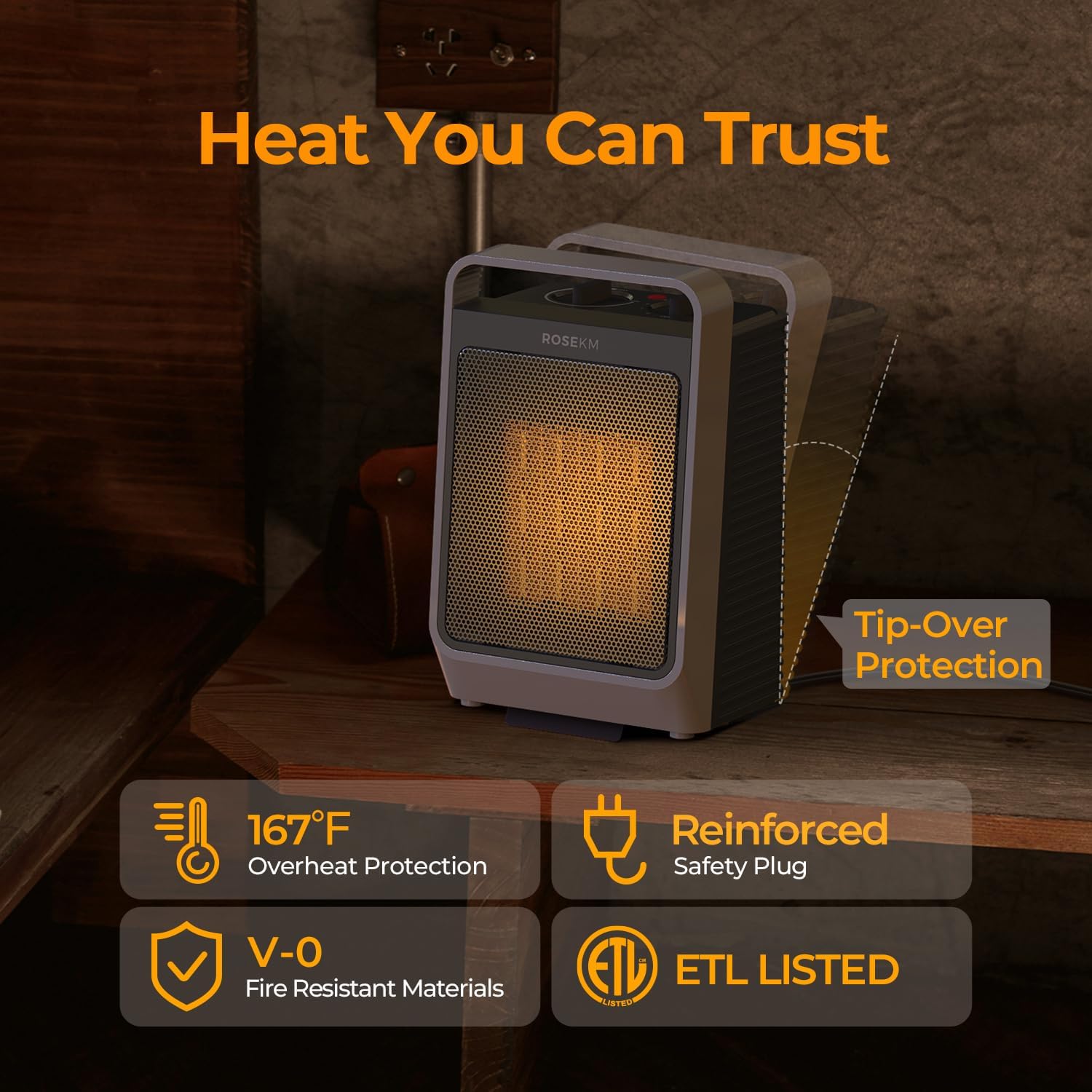 ROSEKM 1500W Ceramic Space Heater with 3 Heat Levels