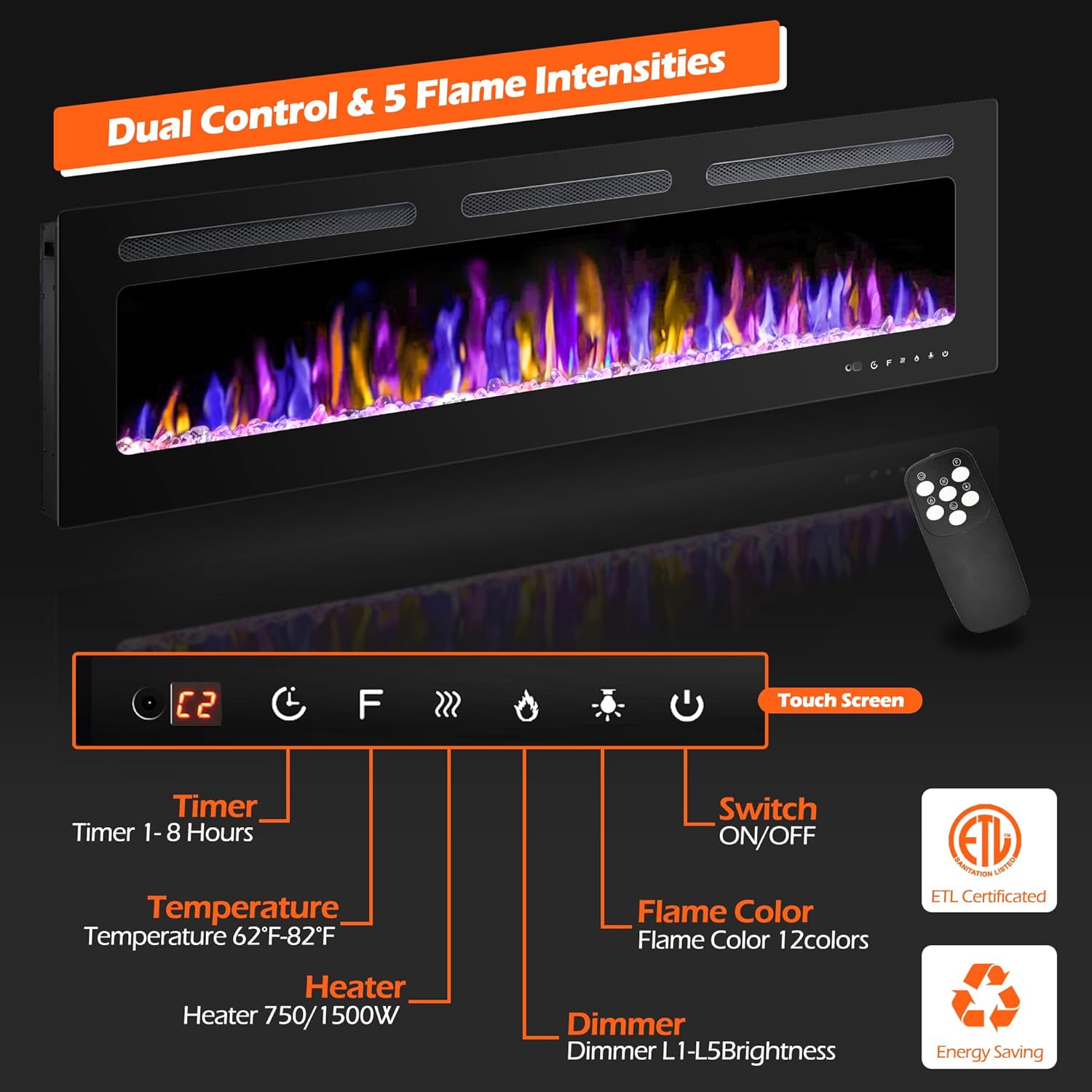 BETELNUT 60 Electric Fireplace with Remote Control