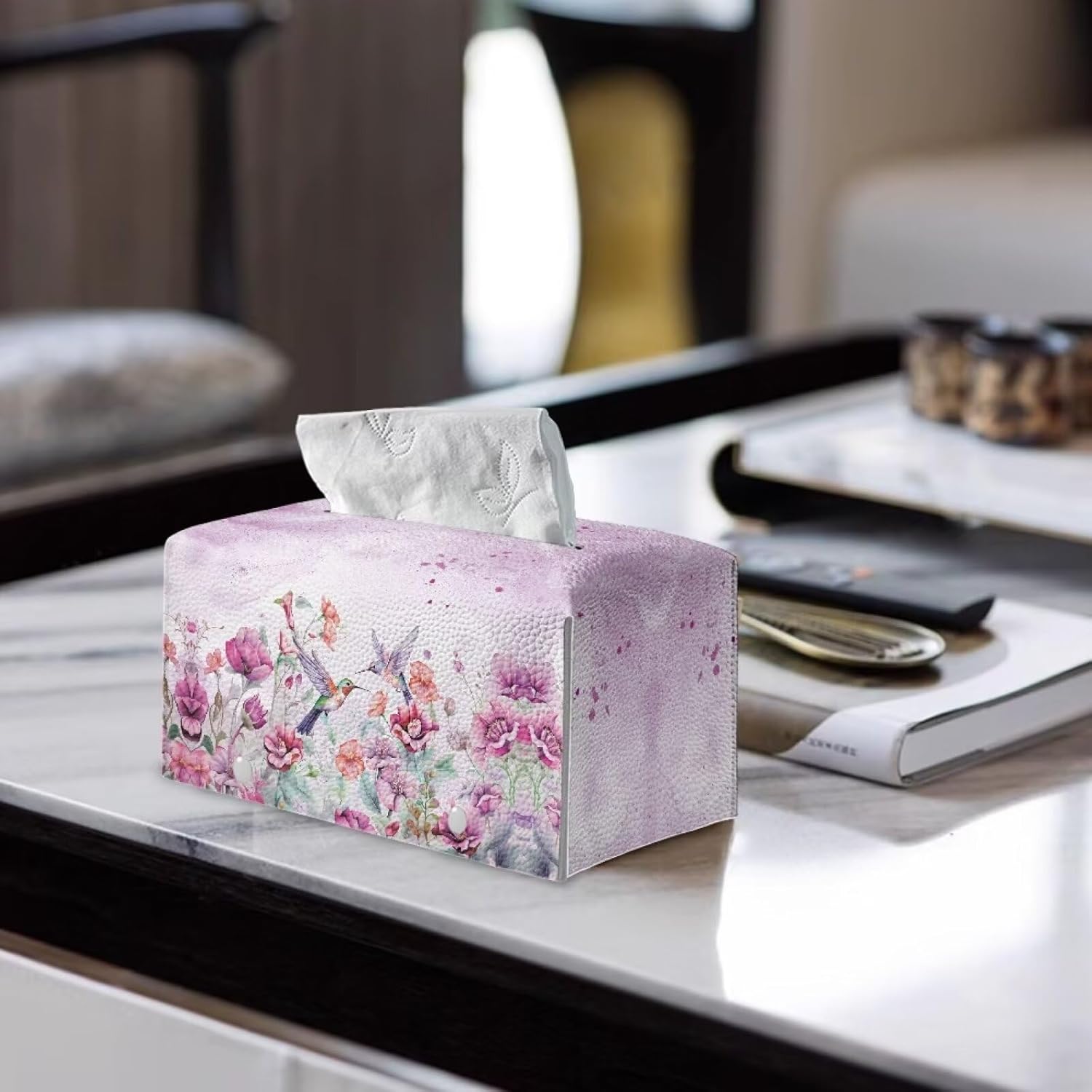 Flower Hummingbird Tissue Box Cover with PU Leather 1
