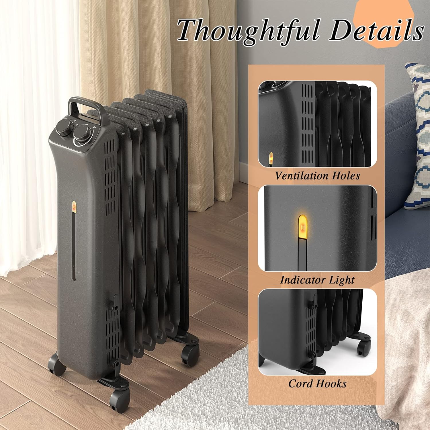 S AFSTAR 1500W Electric Oil Heater with 3 Heat Settings and Safety Features