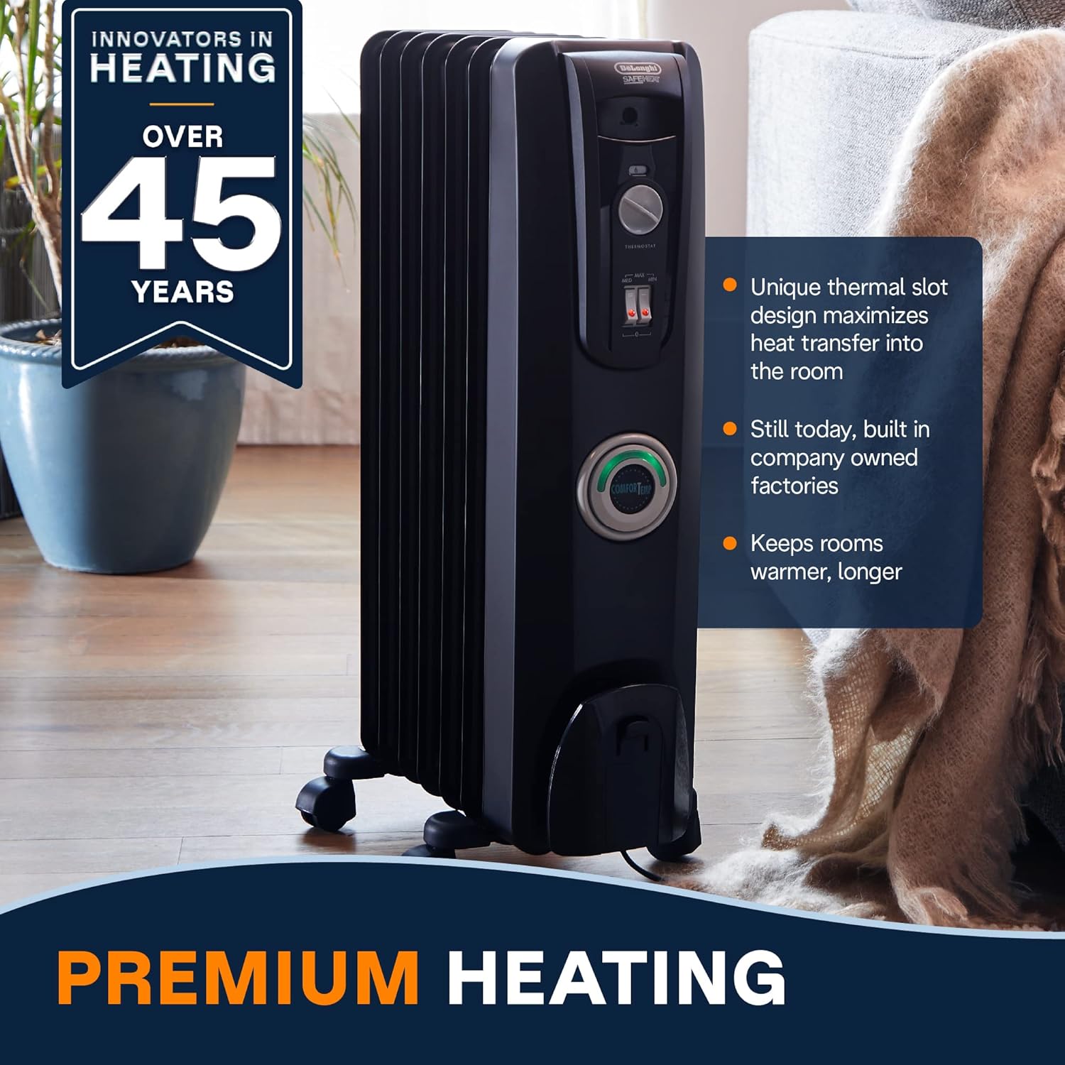 DeLonghi 1500W Oil Filled Radiator Heater for Home Use