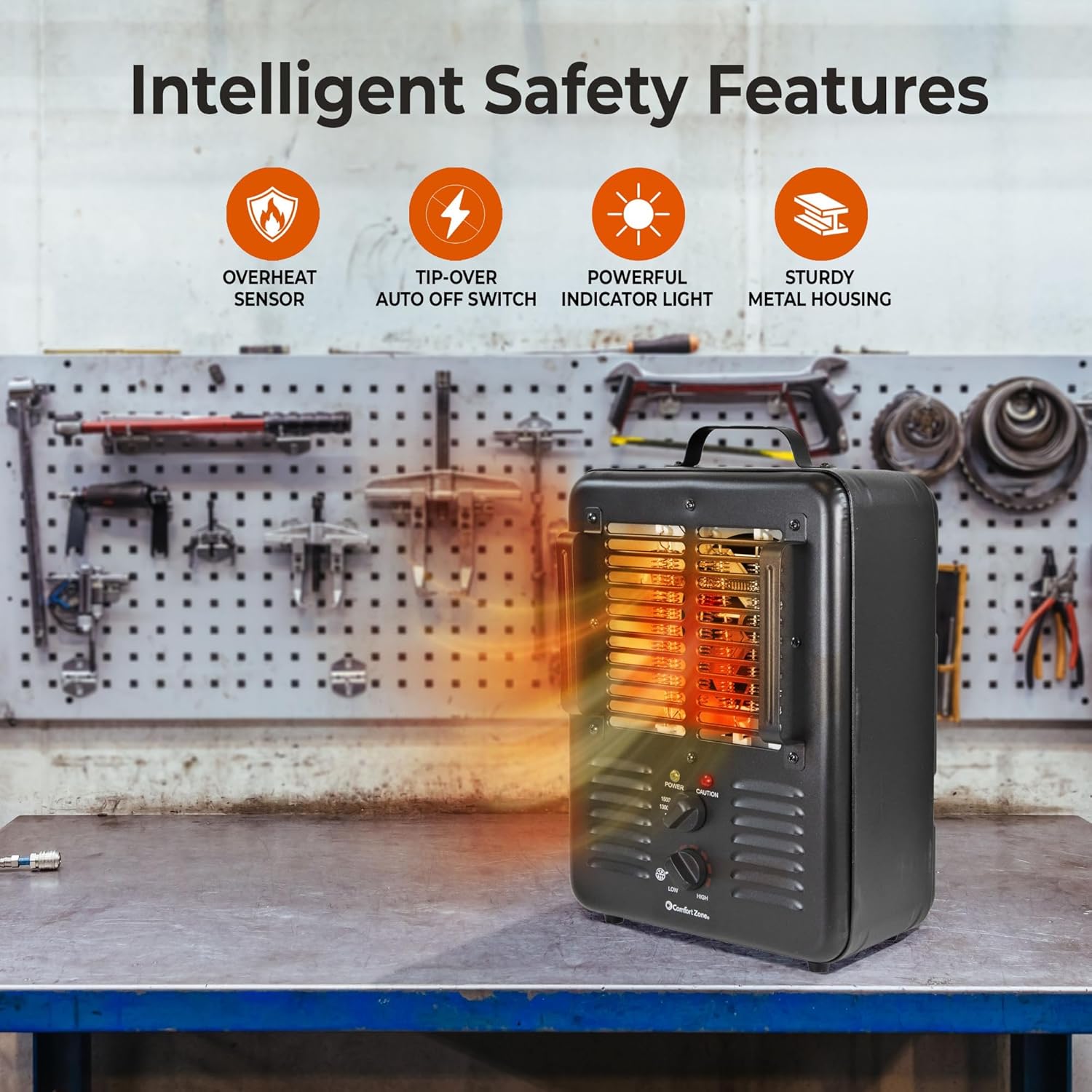 Comfort Zone 1500W Electric Space Heater with Thermostat and Safety Features 1