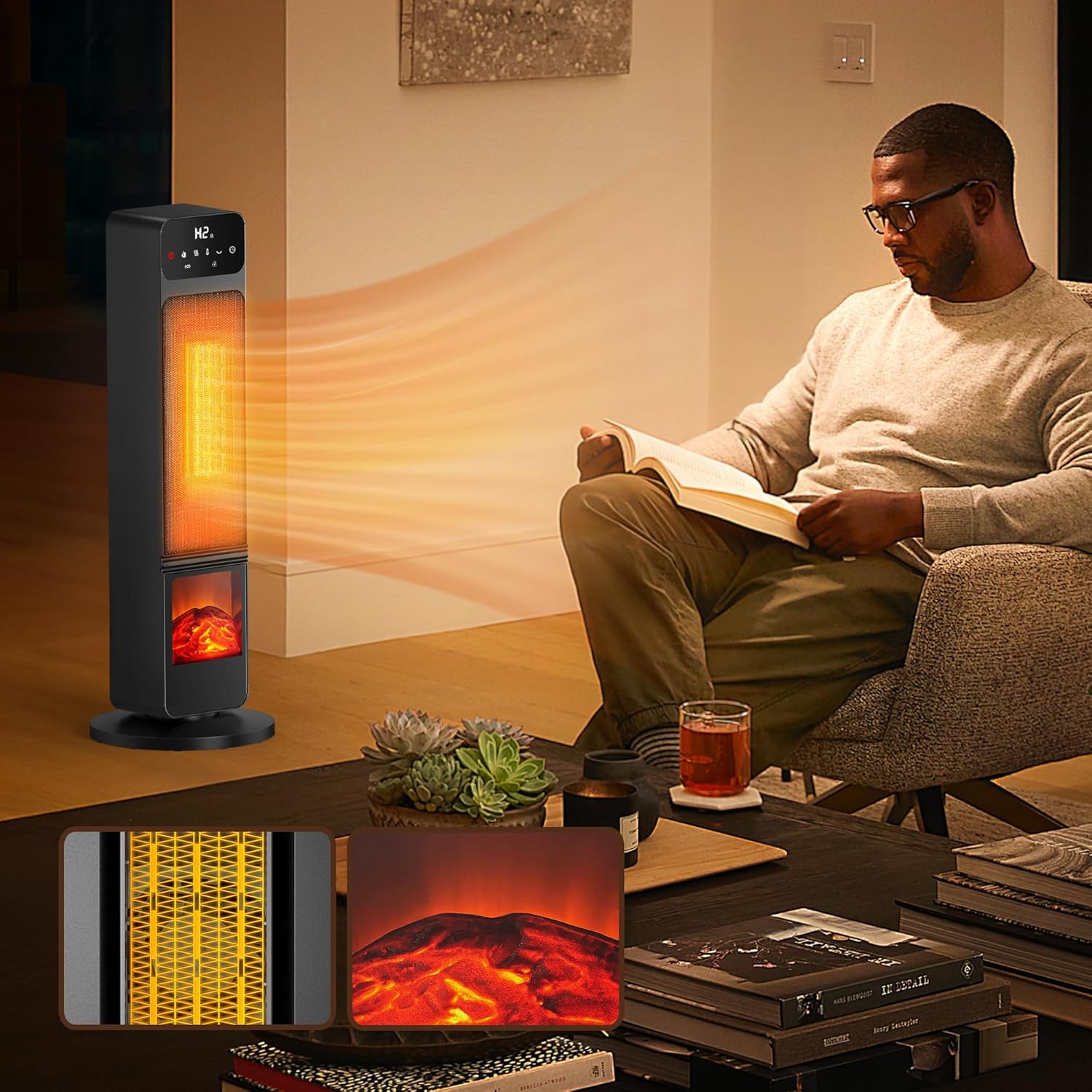 Riseon 1500W Electric Fireplace Heater with Remote Child Lock and 3D Flame