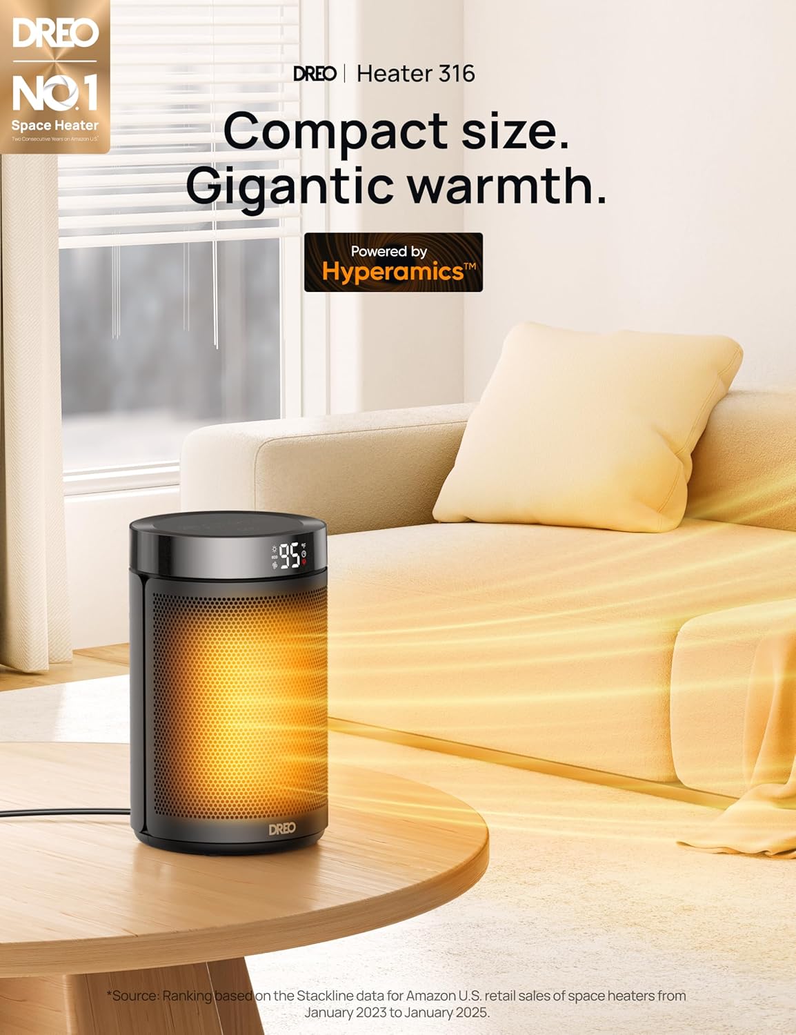 Dreo 1500W PTC Ceramic Space Heater with Timer and Thermostat - Black