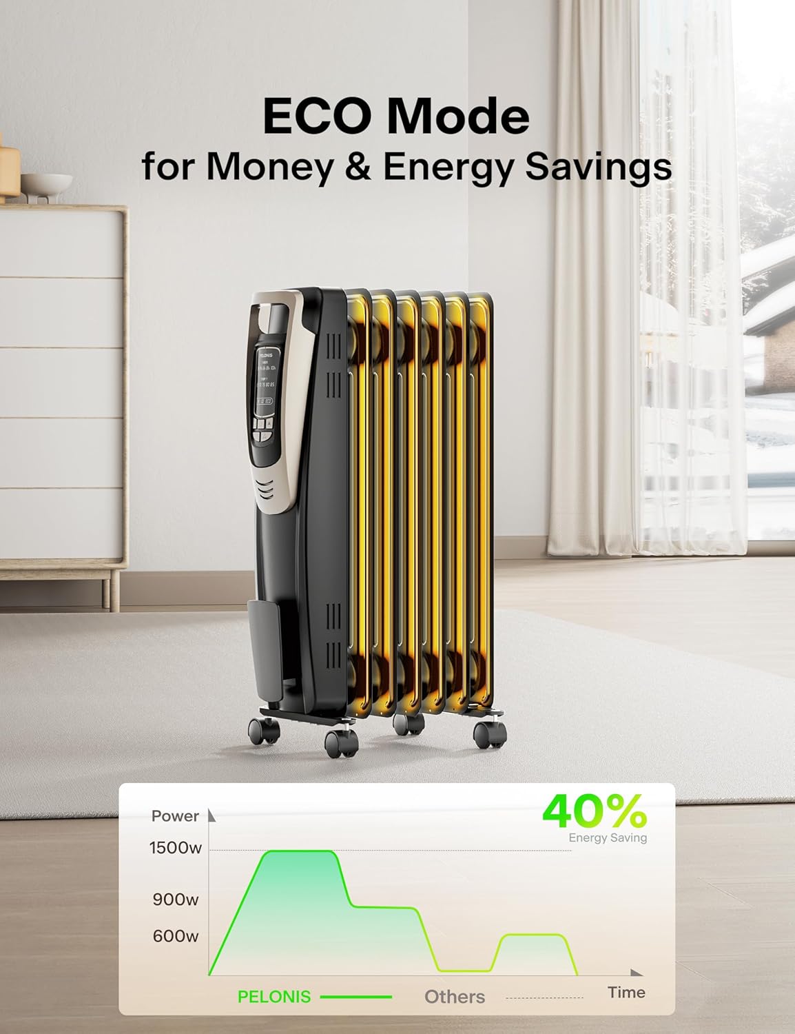 PELONIS Champagne Oil Filled Radiator Heater with Remote Control and Thermostat