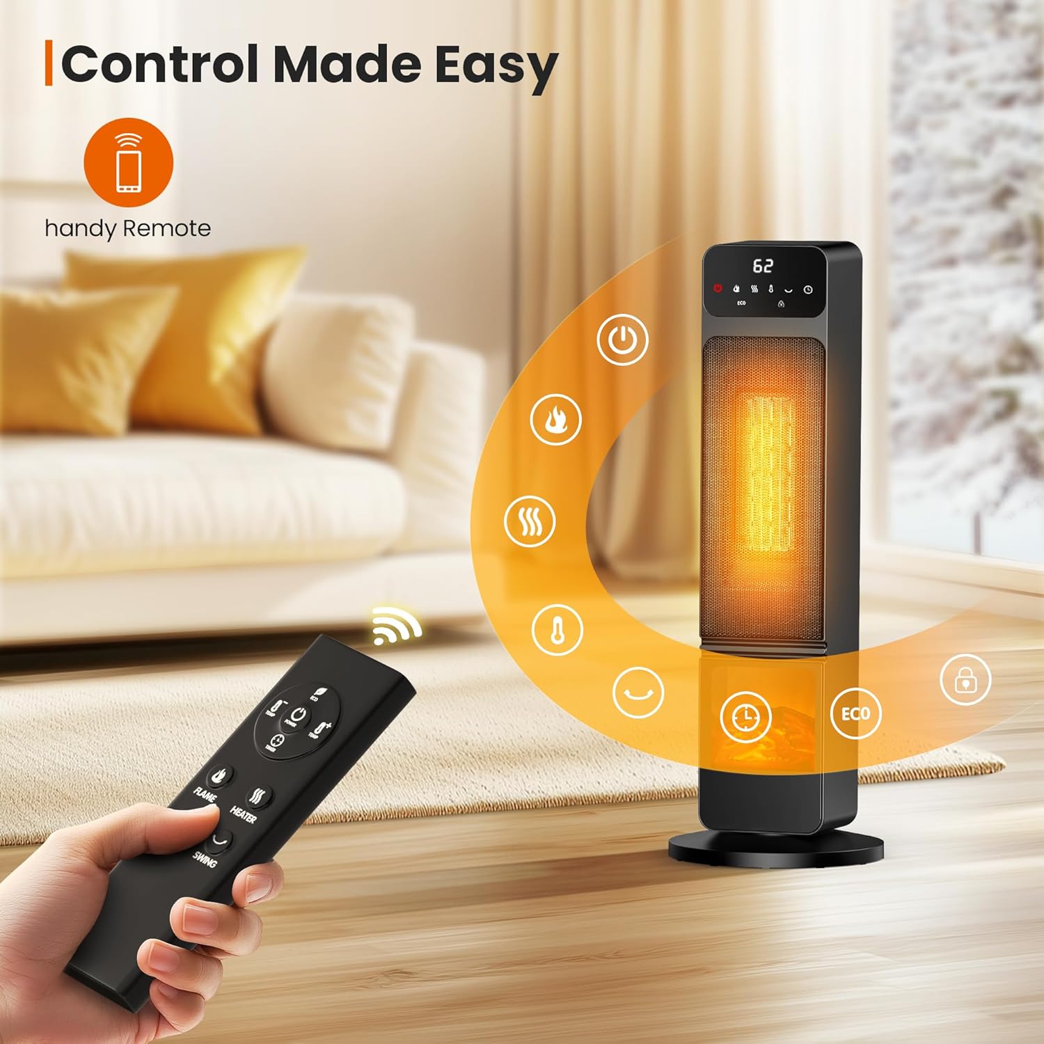 Riseon 1500W Electric Fireplace Heater with Remote Child Lock and 3D Flame