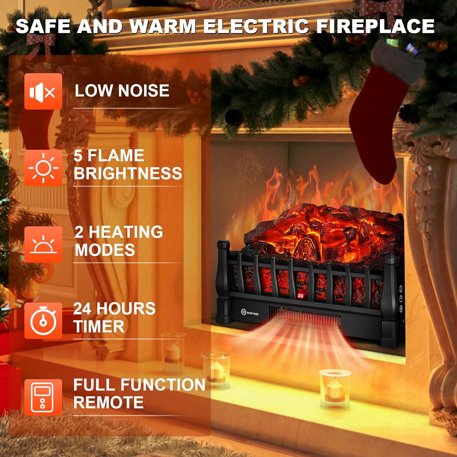Riseon Electric Fireplace Logs with Remote Control 5 Flame Levels