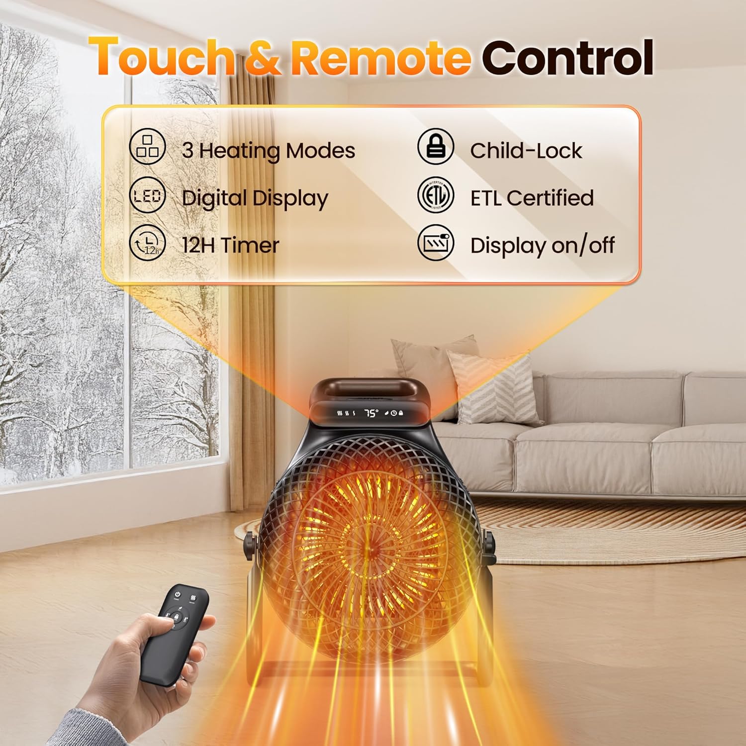 Riseon 1500W Electric Outdoor Heater with Remote Control and 3 Modes