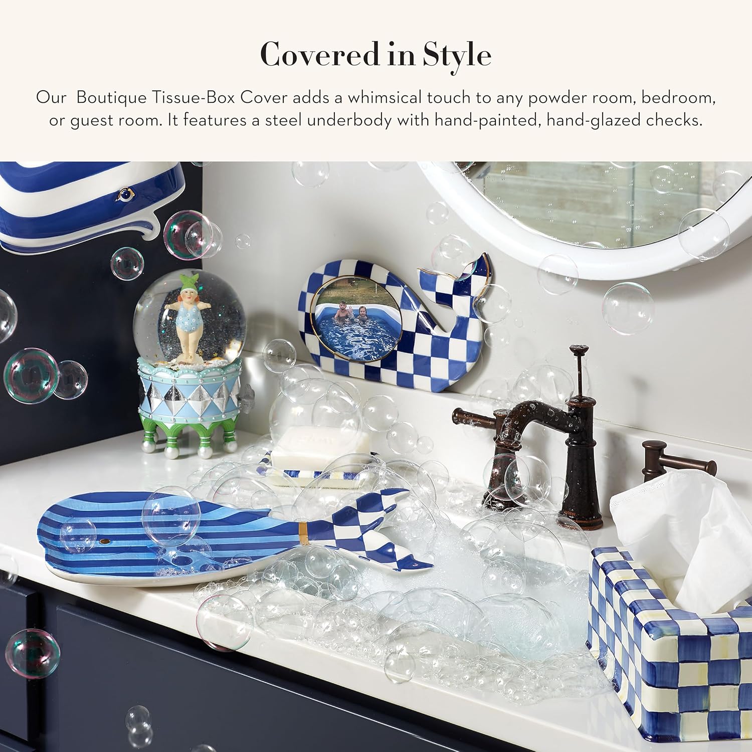 MACKENZIE-CHILDS Tissue Box Cover Square Blue-and-White Royal Check