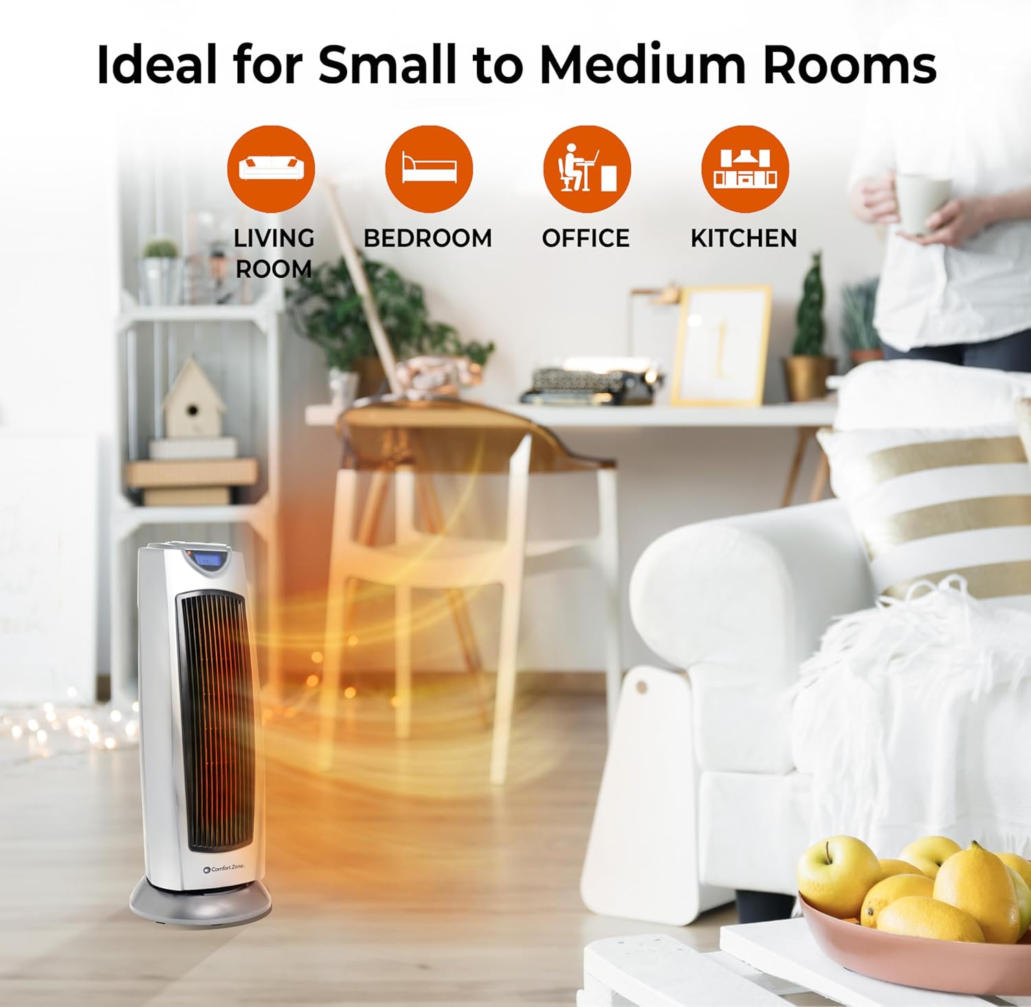 Comfort Zone 1500W Oscillating Tower Space Heater with Remote