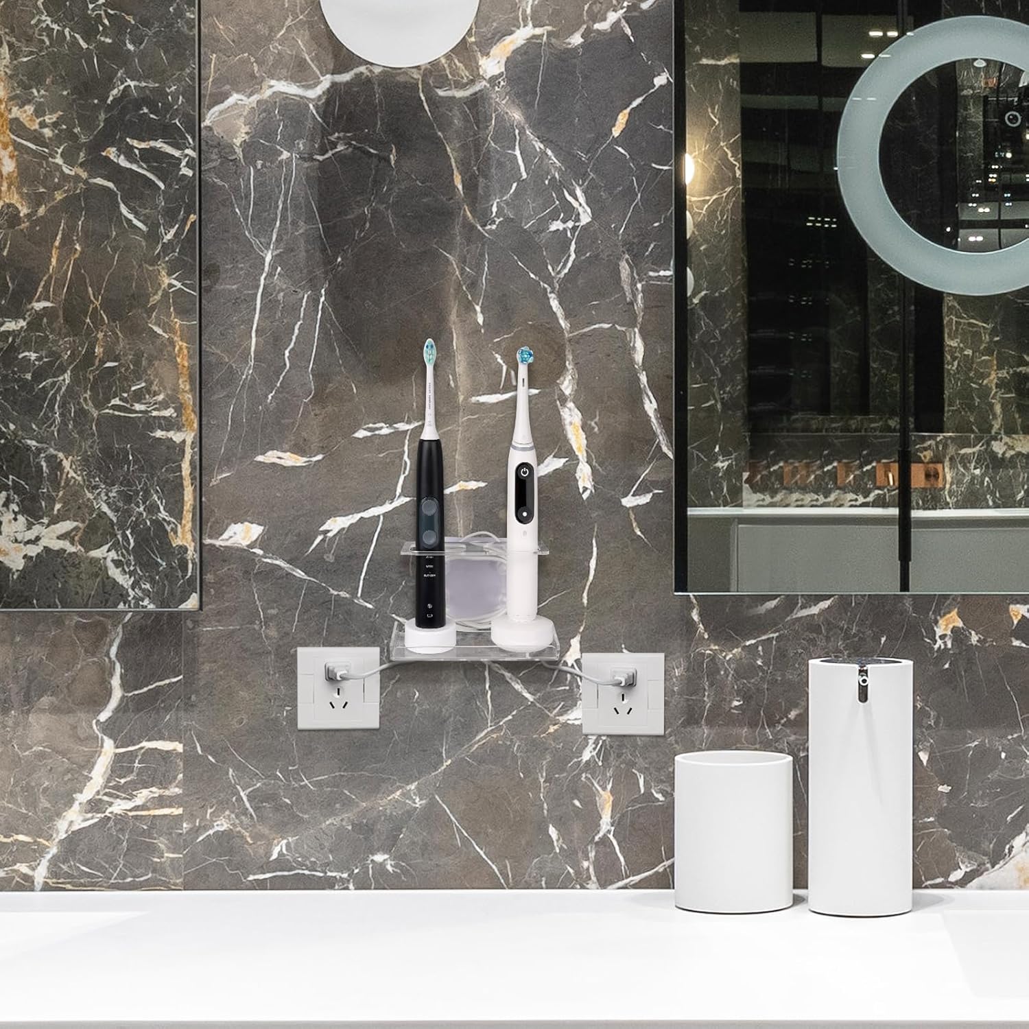 Electric Toothbrush Holder Wall Mounted with 2 Chargers and Cable Organizer